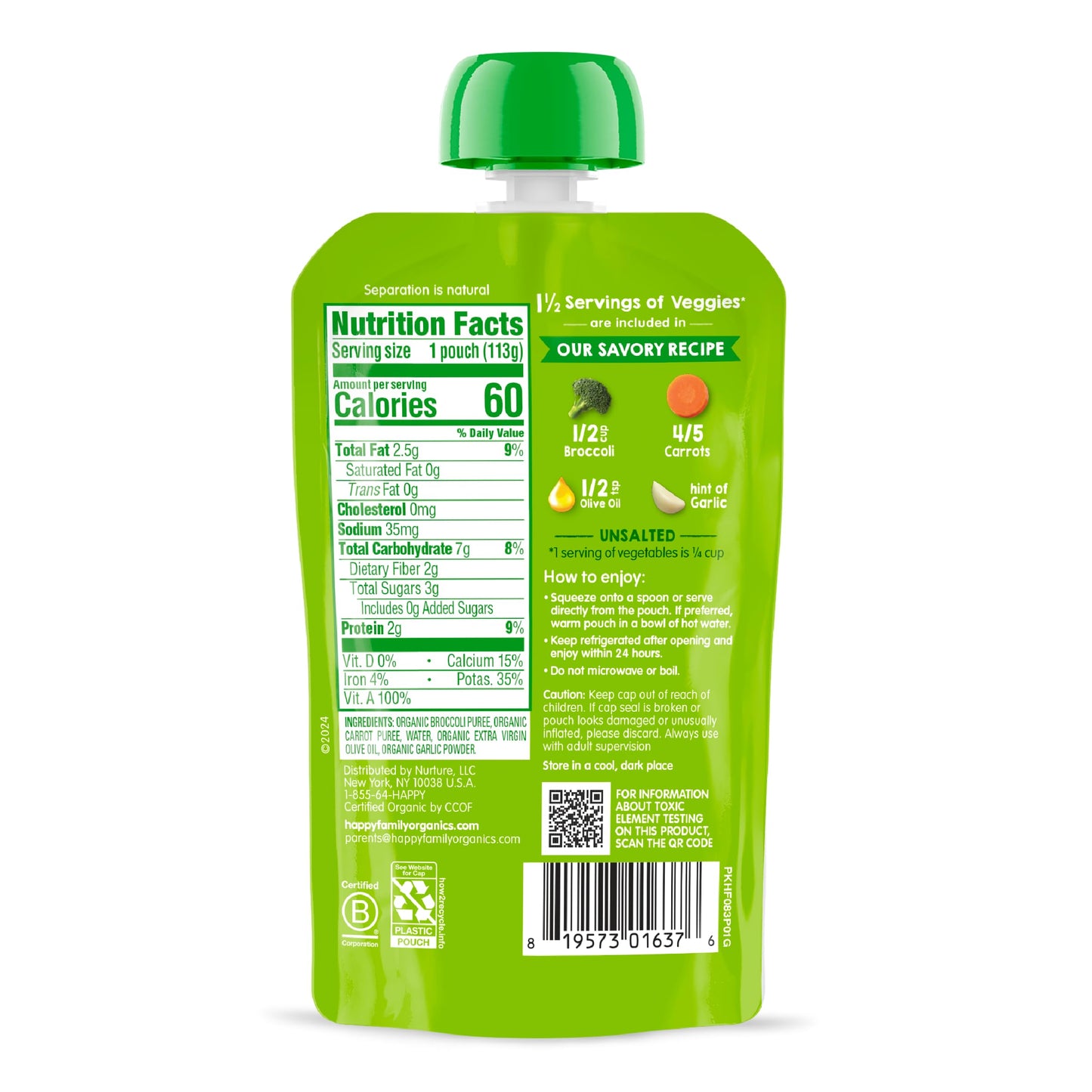 Happy Baby Organics Savory Blends Stage 2 Baby Food, Broccoli & Carrots With Olive Oil + Garlic, 4 Ounce Pouch (Pack Of 16)