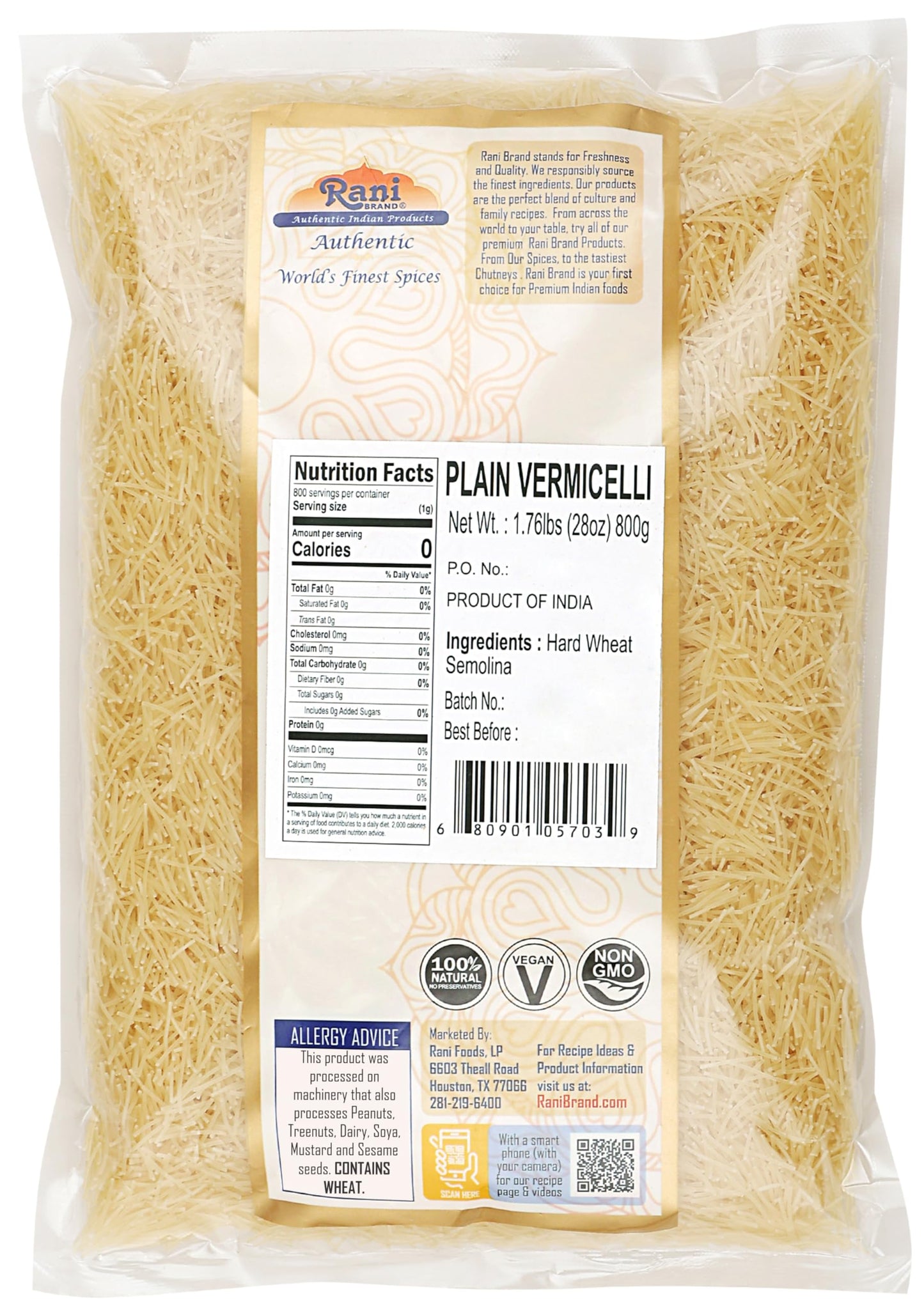 Rani Plain Vermicelli (Wheat Noodles) 28Oz (1.75Lbs) 800G ~ All Natural | Vegan | Non-Gmo | Indian Origin