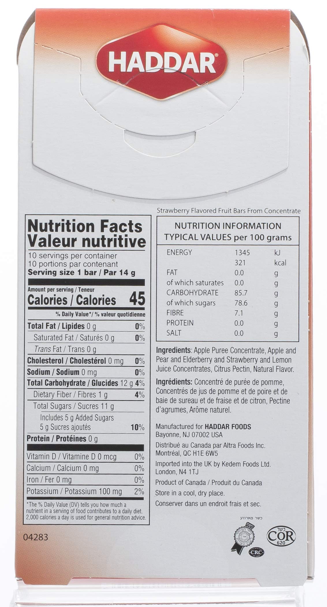 Haddar Strawberry Fruit Leather Bars, 100% Real Fruit, Gluten Free, 2 Pack (20 Bars)