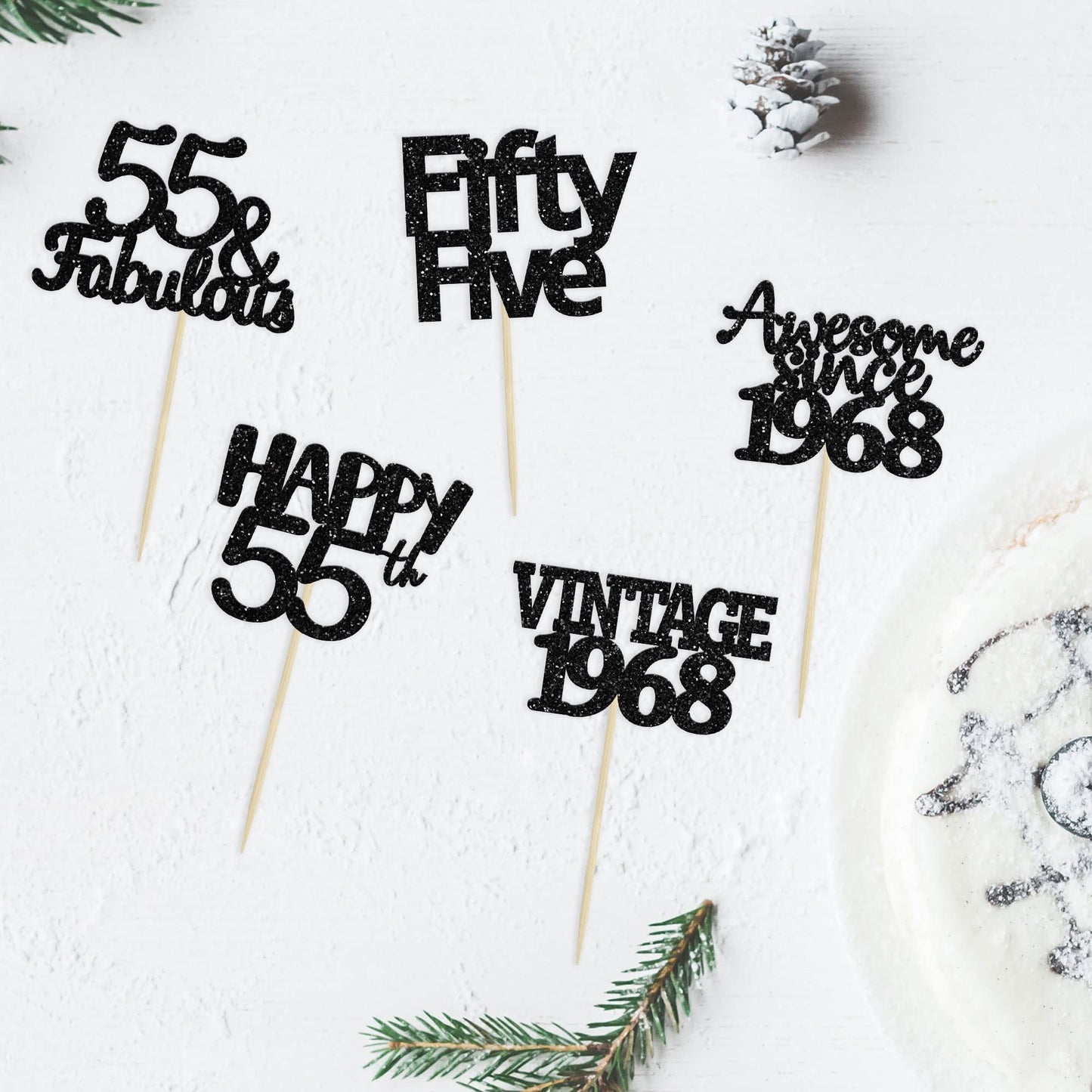 Gyufise 30 Pack Black Glitter Vintage 1968 Cupcake Toppers Glitter 55 Fabulous Happy 55 Cheers to 55 Years Birthday Cupcake Pick