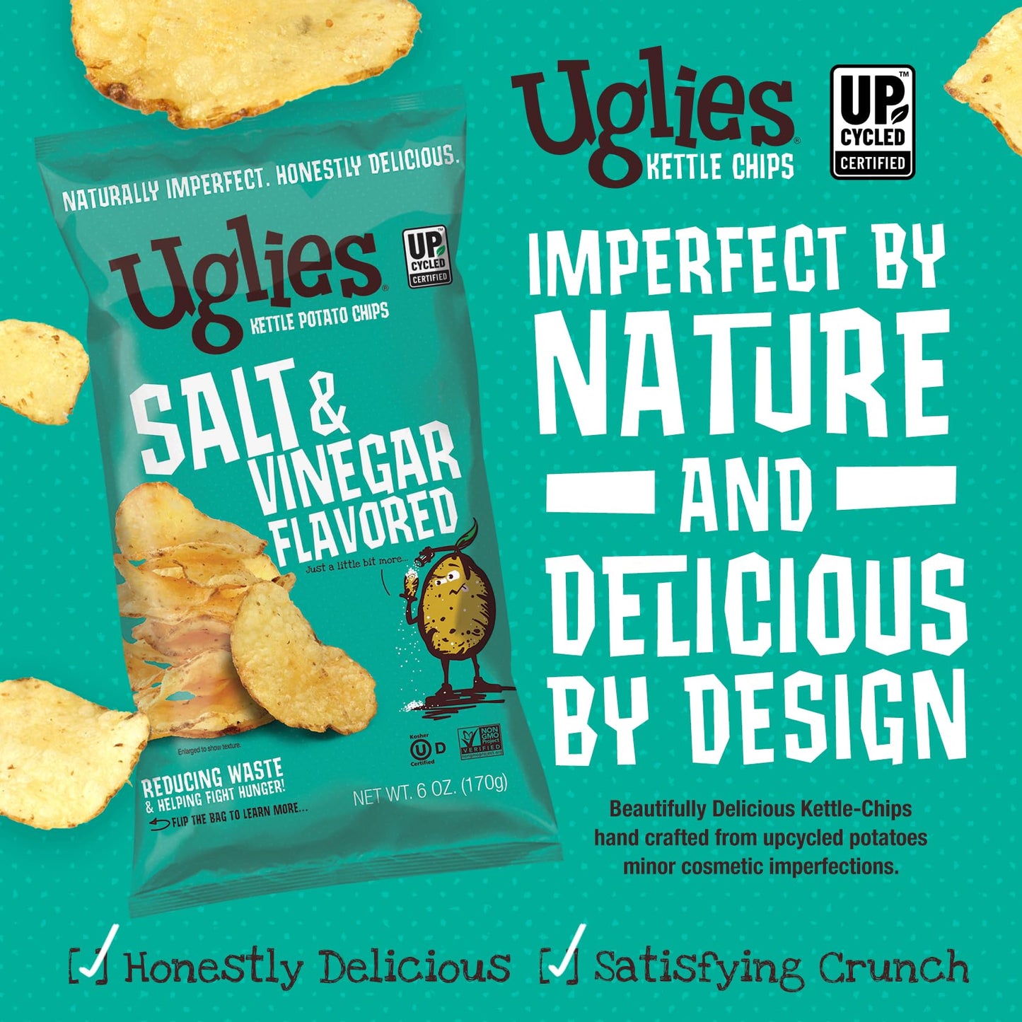 Uglies Salt and Vinegar Kettle Cooked Potato Chips, Gluten Free, 6 Oz. Bags, Pack of 4