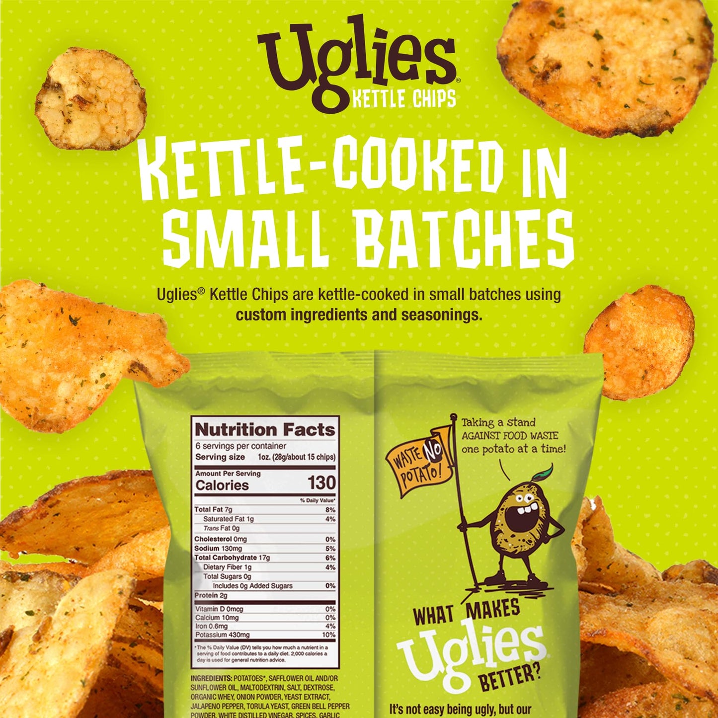 Uglies Kettle Cooked Jalapeño Potato Chips - Gluten Free, Kosher, Non-GMO - 6oz Bags, 4 Pack