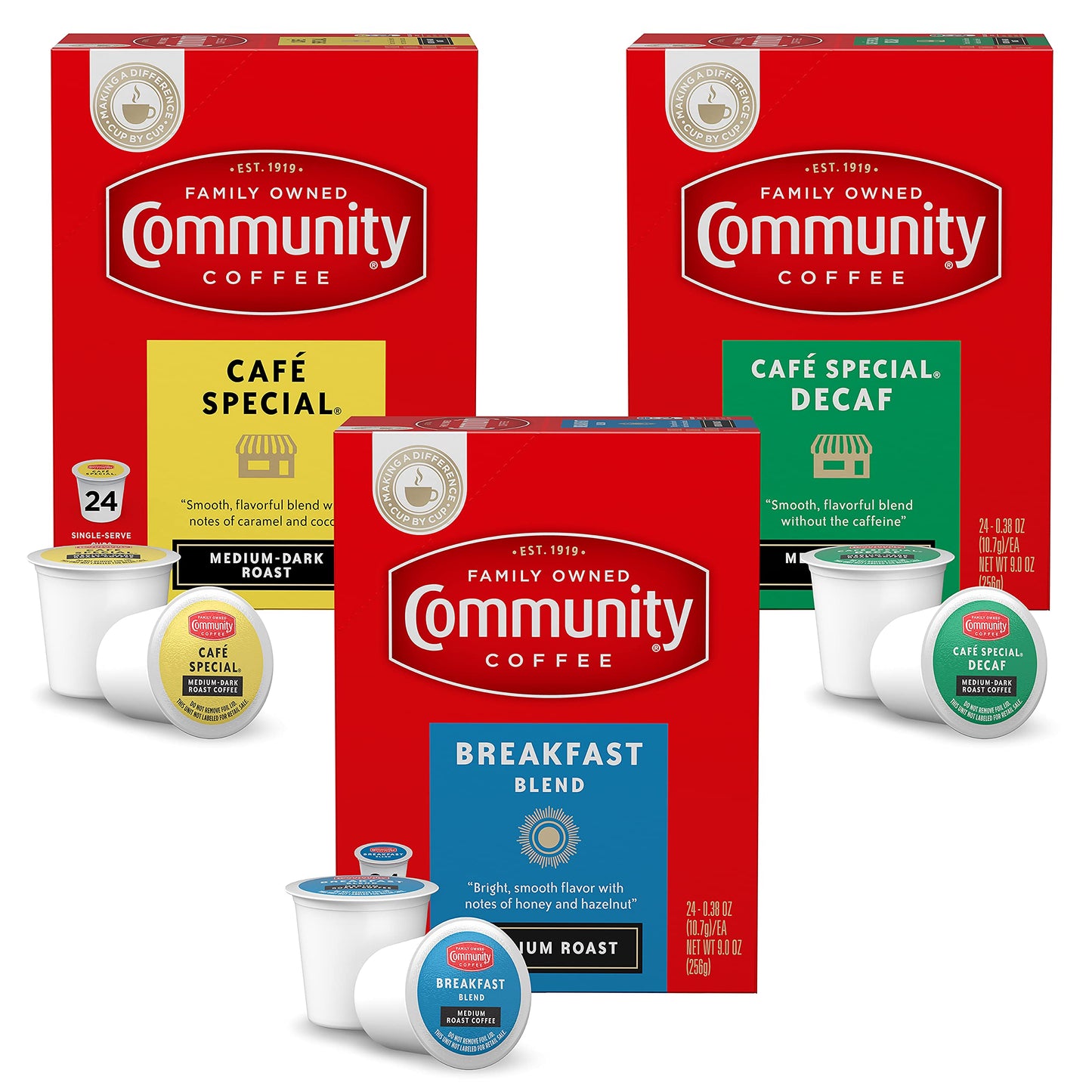 Community Coffee All Day Variety Pack, Medium Dark Roast, Decaf, 72 Count Coffee Pods, Compatible with Keurig 2.0