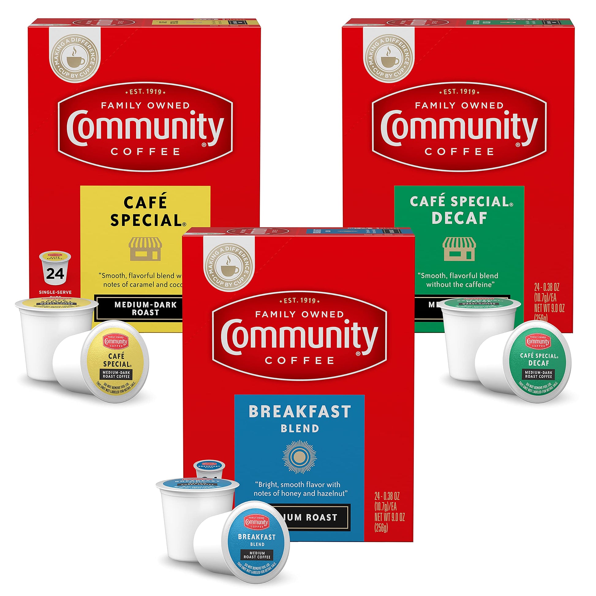 Community Coffee All Day Variety Pack, Medium Dark Roast, Decaf, 72 Count Coffee Pods, Compatible with Keurig 2.0