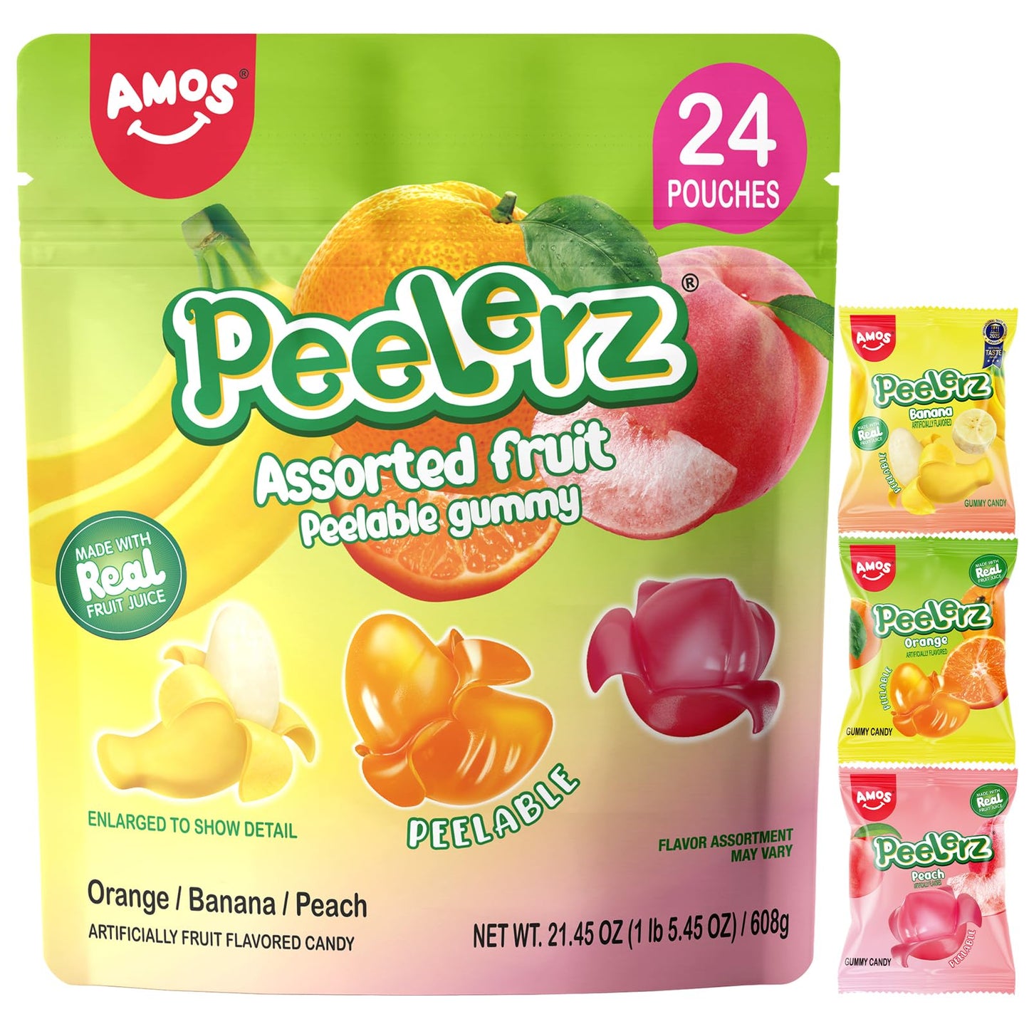 Amos Peelerz Assorted Peelable Gummy - Tropical Peeling Candy Variety Pack | Banana  Orange & Peach | 24 Individual Packs (608g) | Fun  Chewy & Shareable Treat