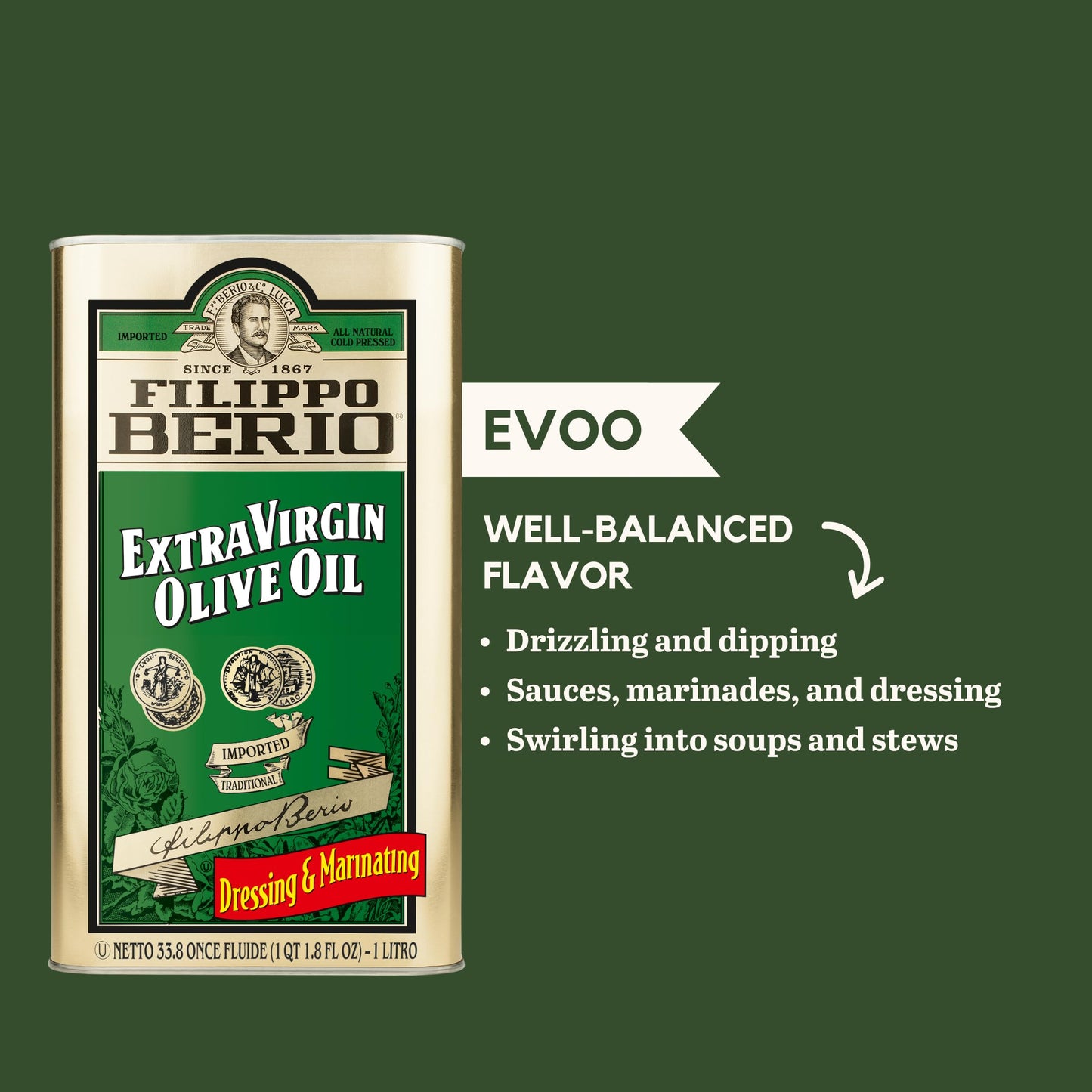 Filippo Berio Extra Virgin Olive Oil, 1 Liter Tin (33.8 Ounce)