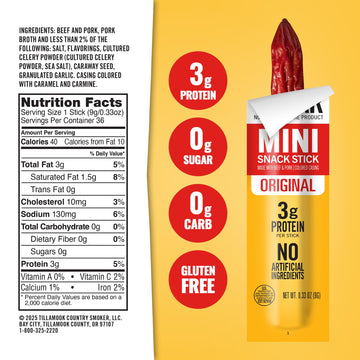 Tillamook Country Smoker Zero Sugar Original Mini Smoked Sausages  0.33 oz  48 Ct  Individually Wrapped Beef Sticks for Afternoon Snacks  Lunchboxes  Travel  Real Hardwood Smoked
