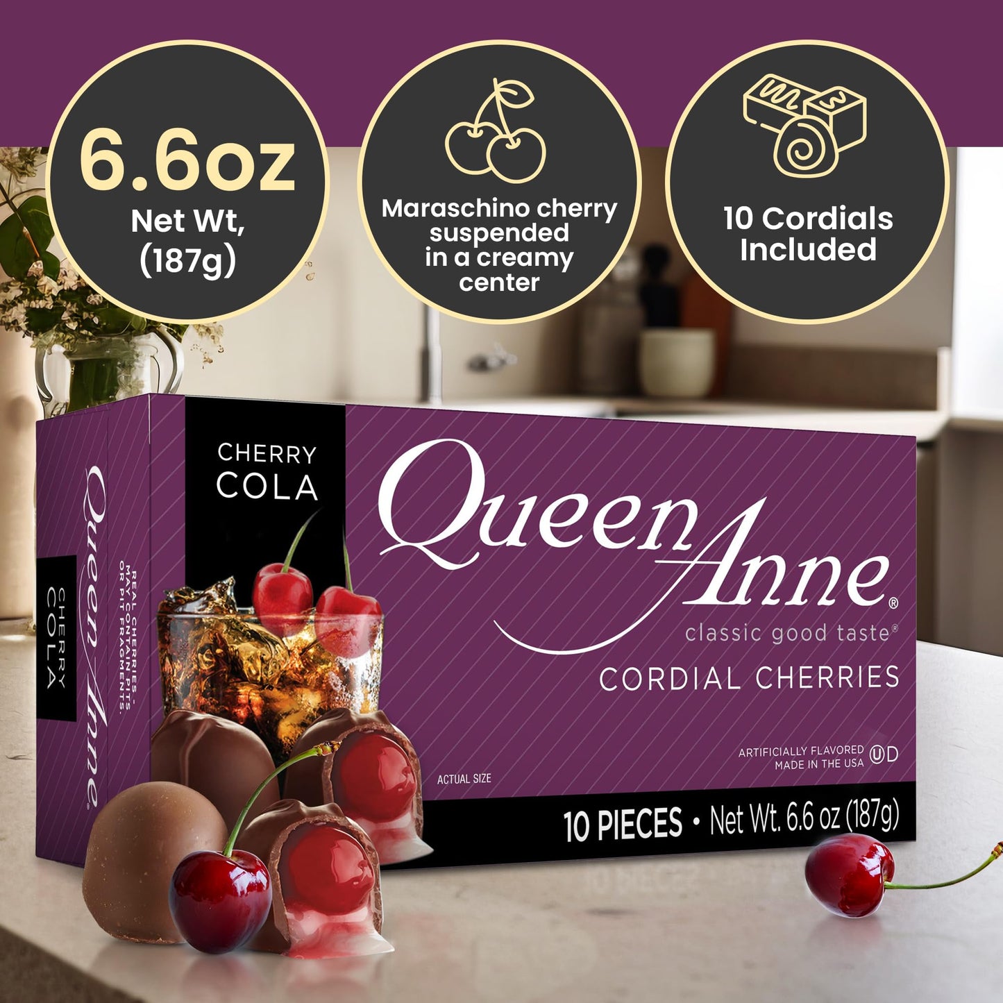 Queen Anne Cherry Cola Chocolate Covered Cordial Cherries | 6.6 Oz (Pack Of 12) | 10 Piece Gift Boxes | Whole Maraschino Cherry