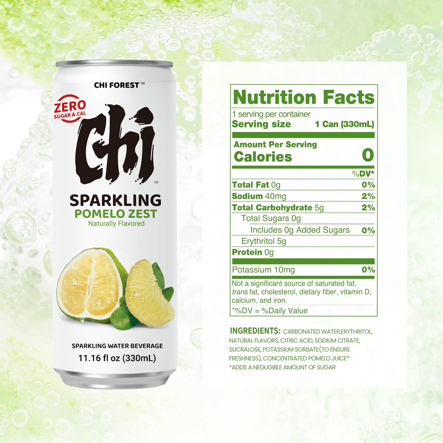 CHI FOREST Pomelo Sparkling Water Beverage  Zero Sugar Drinks  Zero Artificial Flavor  11.16 fl oz Cans (Pack of 24)