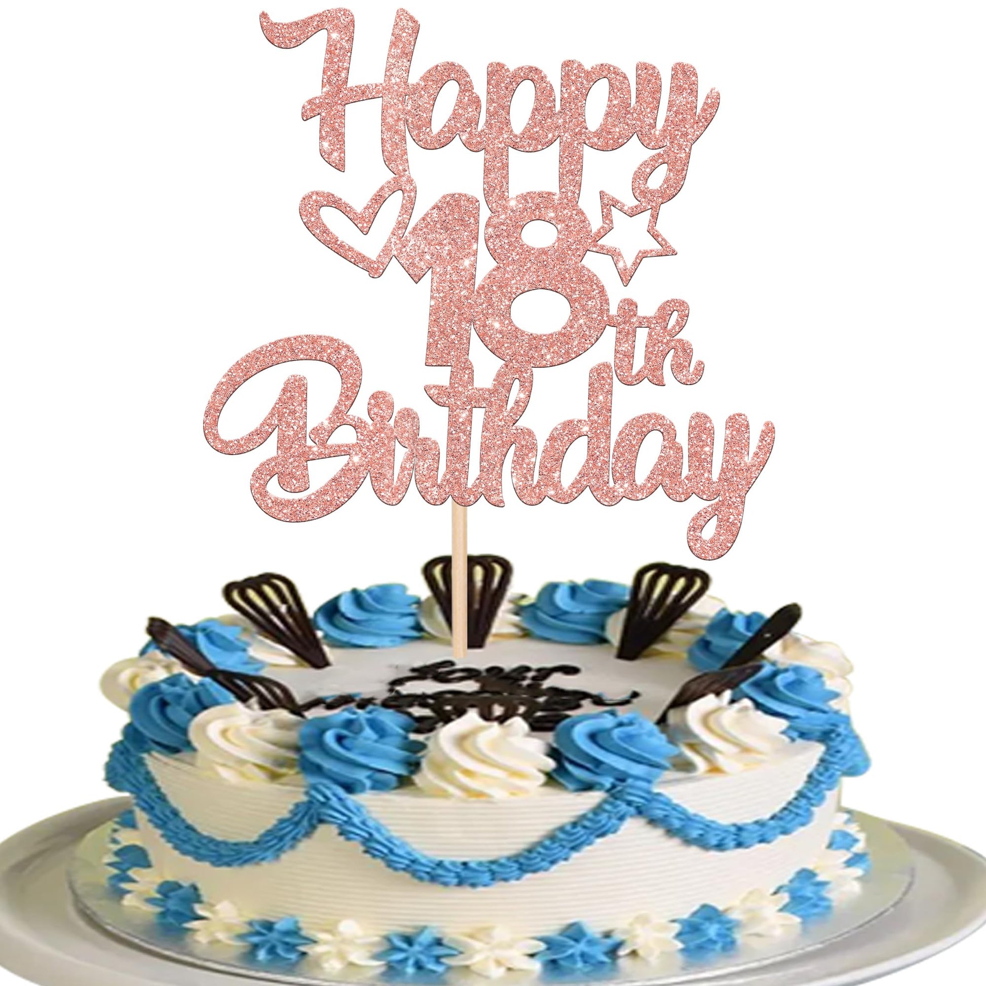 YCTHUNFISH 18th Birthday Cake Topper Glitter Heart Star Rose Gold Bamboo Decoration