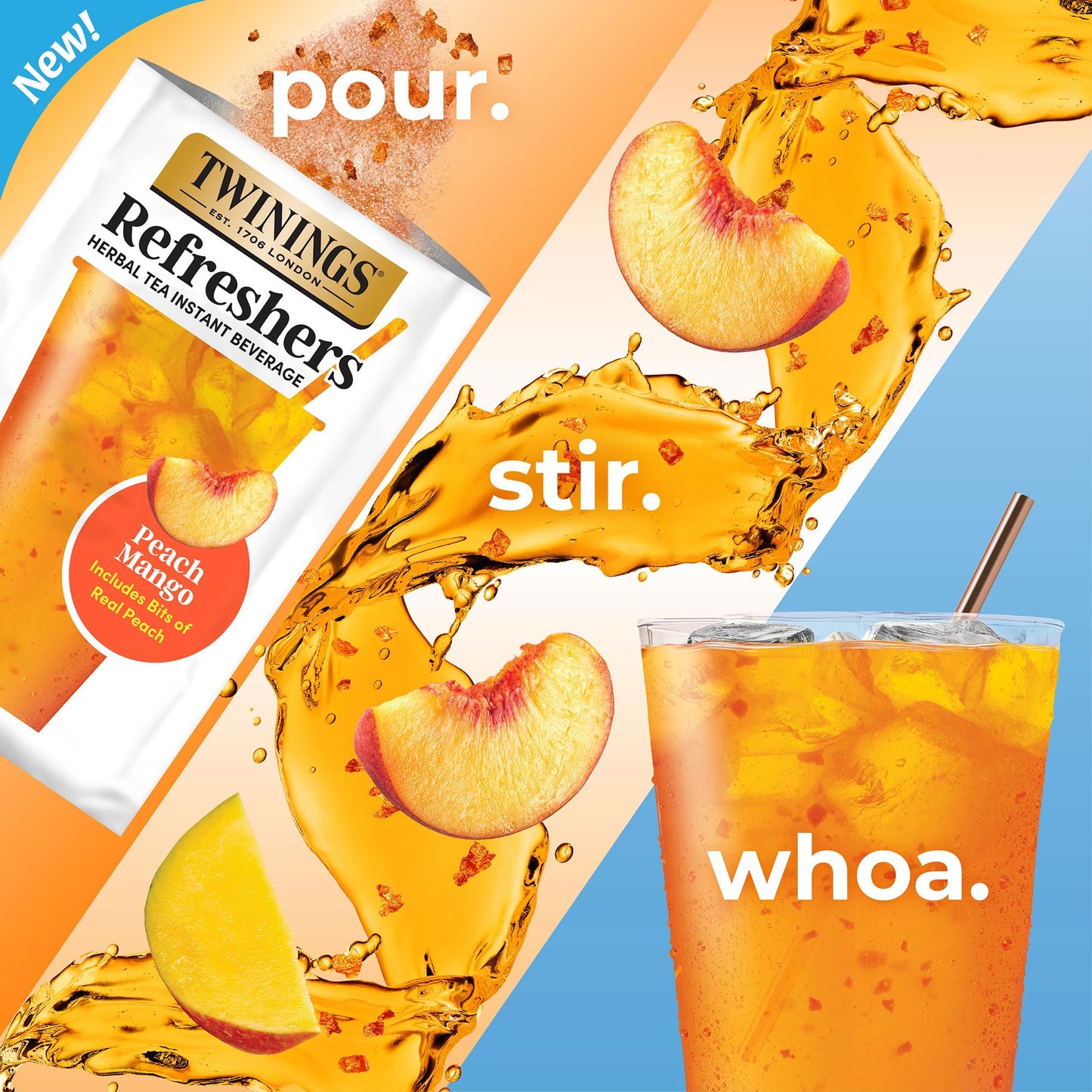 NEW Twinings Peach Mango Refreshers  Herbal Tea Instant Beverage with Real Peach Fruit Bits  5 Count (Pack of 6)  Caf? Style  No Artificial Sweeteners  Naturally Caffeine-Free Refreshment  30 Packets