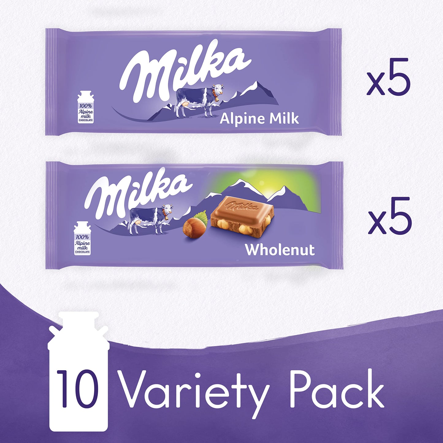 Milka Chocolate Bars Variety Pack, Alpine Milk & Wholenut Hazelnut, 10 Count