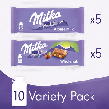 Milka Chocolate Bars Variety Pack, Alpine Milk & Wholenut Hazelnut, 10 Count