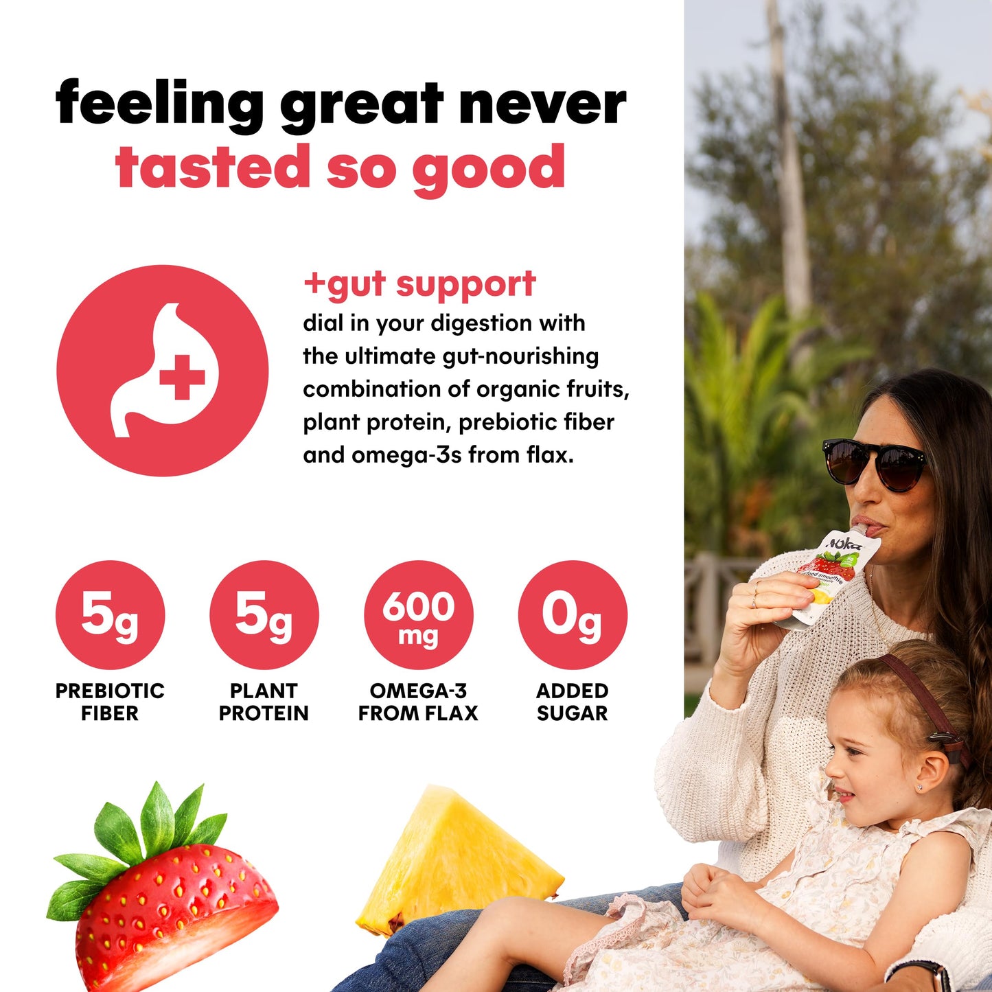 Noka Superfood Fruit Smoothie Pouches, Strawberry Pineapple, Healthy Snacks With Flax Seed, Prebiotic Fiber And Plant Protein, V