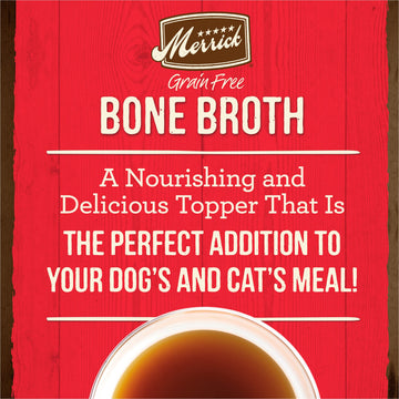 Merrick Grain Free Bone Broth, Enhanced Human Grade And Gluten Free Dog And Cat Food Topper Pouches, Beef - 16 Oz. Pouch