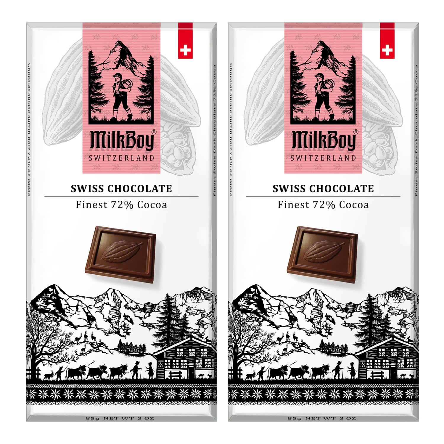 Milkboy Swiss Chocolates Dark Chocolates - 72% Cocoa  Made in Switzerland  Dairy Free  Vegan  Gluten-Free  Non-GMO  Kosher  Sustainably Farmed  European Chocolate - 3 oz  Pack 2