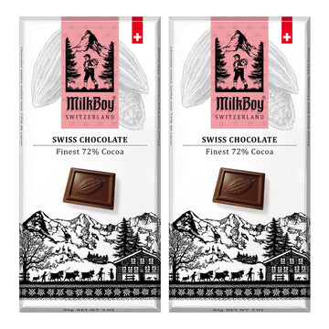 Milkboy Swiss Chocolates Dark Chocolates - 72% Cocoa  Made in Switzerland  Dairy Free  Vegan  Gluten-Free  Non-GMO  Kosher  Sustainably Farmed  European Chocolate - 3 oz  Pack 2