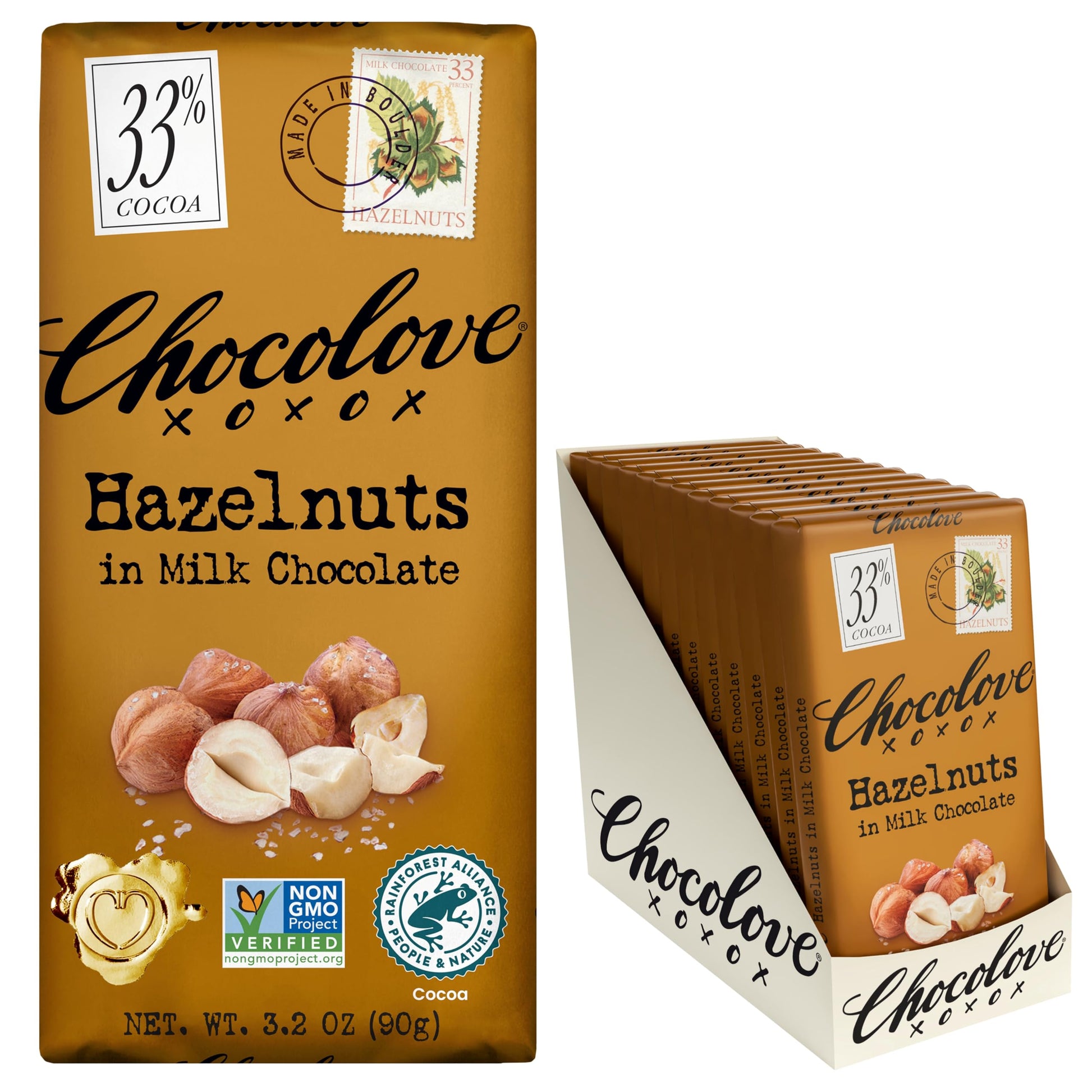 Chocolove Hazelnut Milk Chocolate Bars | 33% Cocoa | Roasted Oregon Hazelnut Bits | Crafted with Silky Smooth Belgian Chocolate 