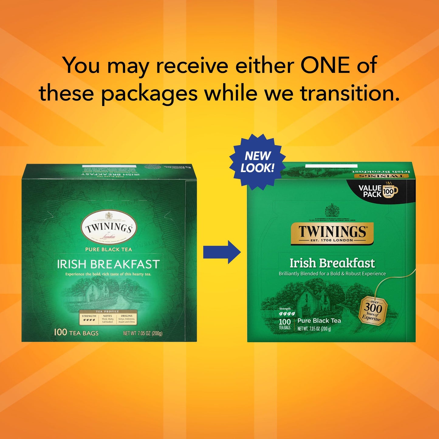 Twinings Irish Breakfast Black Tea, 100 Individually Wrapped Tea Bags, Flavourful, Bold, Robust Caffeinated Black Tea, Enjoy Hot Or Iced