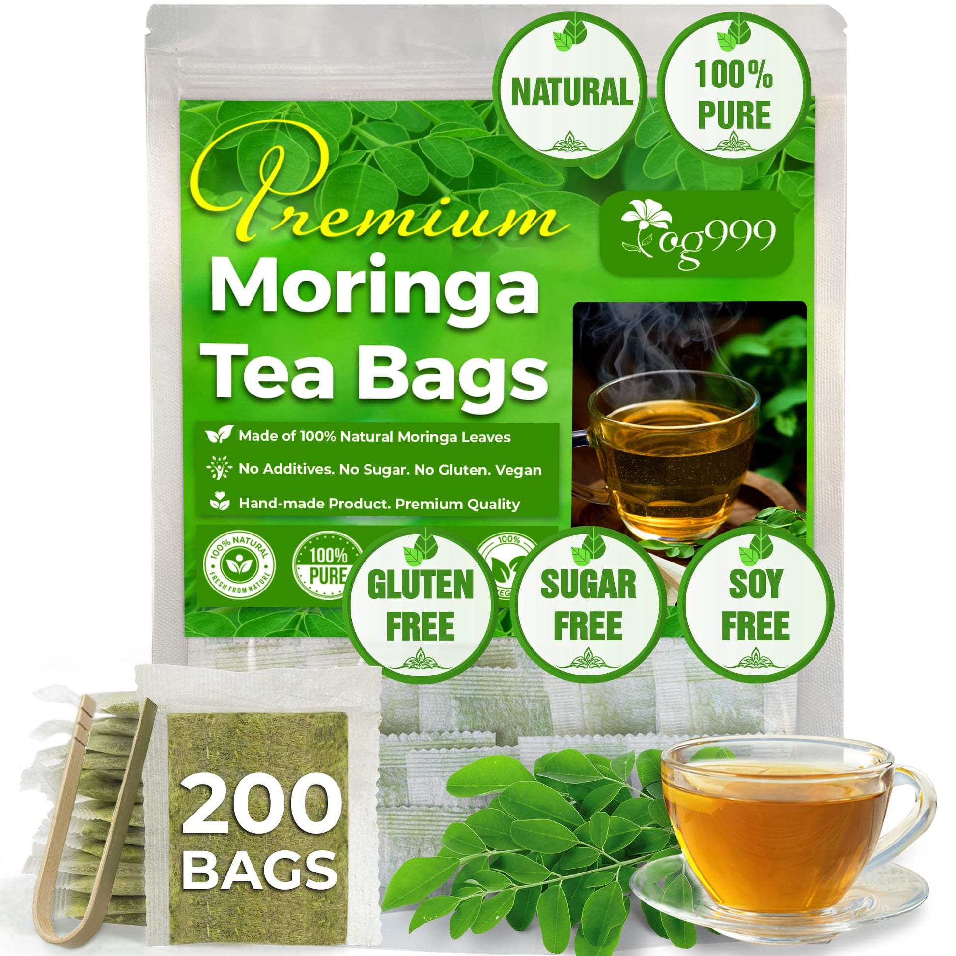 TOG999 Moringa Leaf Tea Bags, 100% Natural Herbal Tea, Vegan, 200 Bags