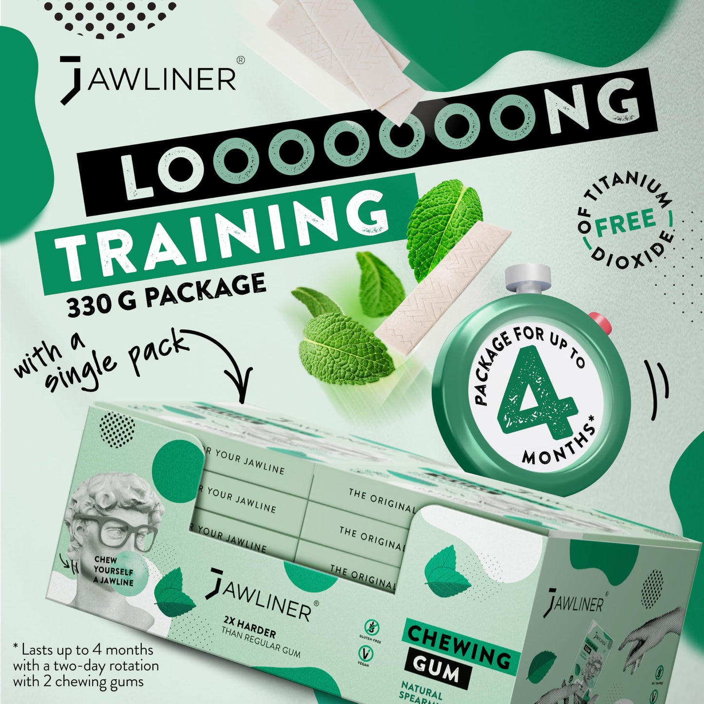 Jawliner Hard Jwaline Chewing Gum - Sugar Free Spearmint Tough Jaw Gum - Jaw Exerciser Strong Mewing Jawline Mistic Gum - 2x Harder than Regular Chewing Gum 330 Grams (120 Strips)