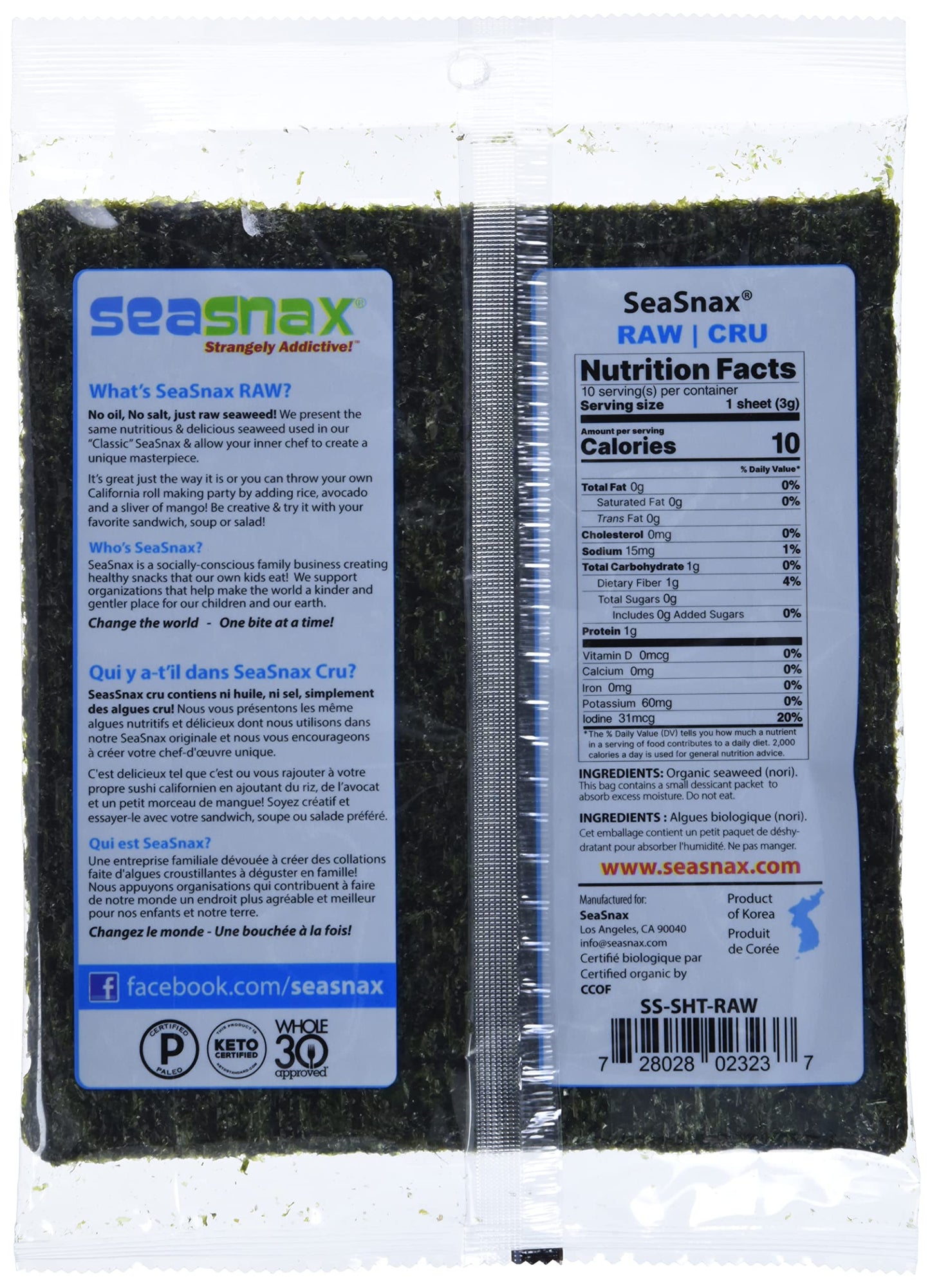 SeaSnax Raw Seaweed, 10 Sheets