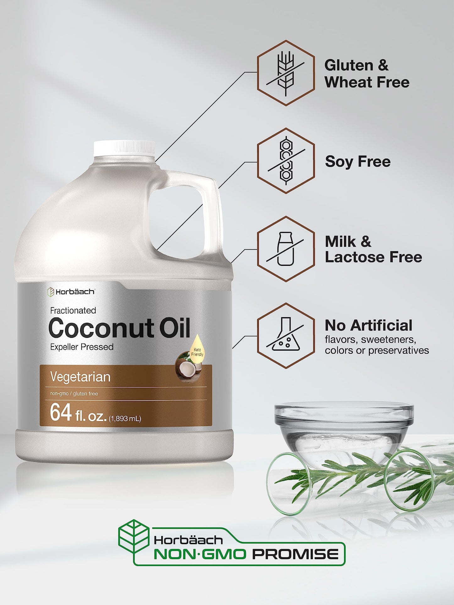Horbäach Coconut Oil for Cooking, Fractionated & Unflavored, 64 Fl Oz, Vegetarian, Non-GMO, Gluten Free, Model CL14950