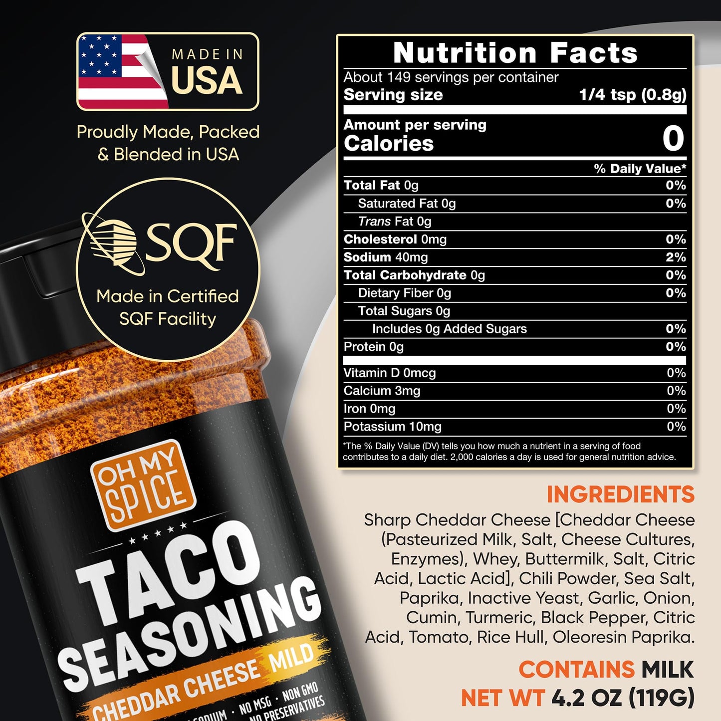 Taco Seasoning Mix Cheddar Cheese Powder - Gluten Free & Low Sodium Mild Cheesy Mexican Seasoning Blend For Taco Tuesday Night.