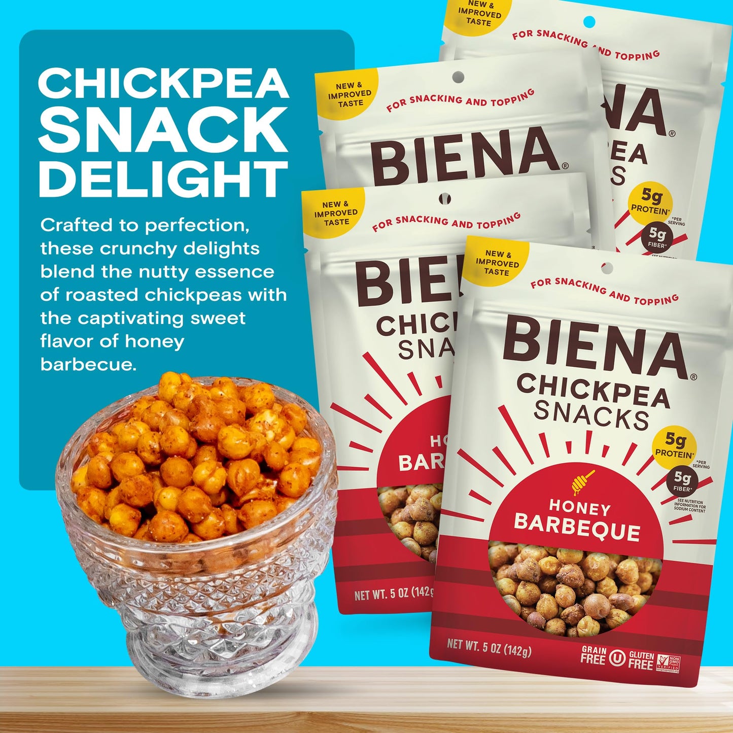Biena Chickpea Snacks - Crunchy Roasted Chickpeas - High Fiber Protein Snacks For Adults And Kids - 8-Pack, 5 Ounce - Barbecue