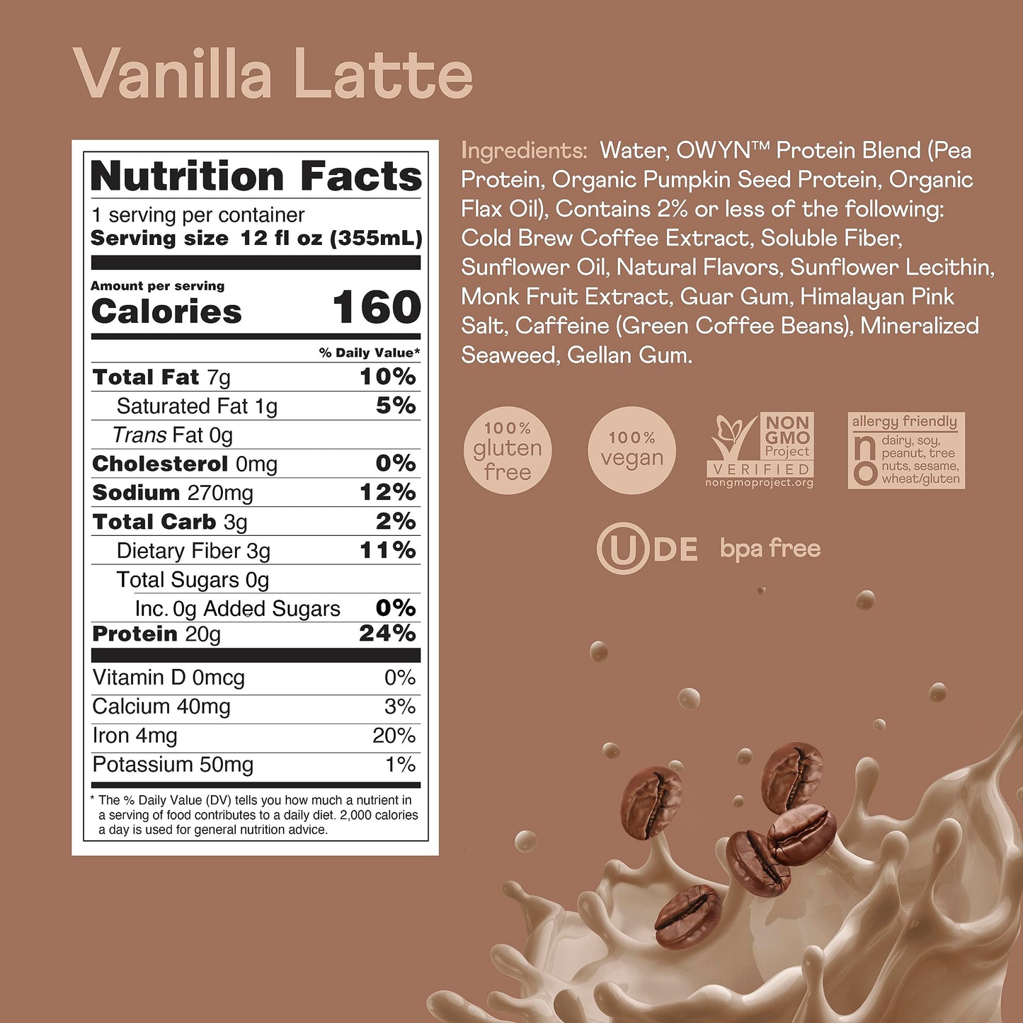 OWYN Dairy Free Keto Protein Coffee Shake, Vanilla Latte, 20g Protein, 180mg Caffeine, 12 Fl Oz (Pack of 12)