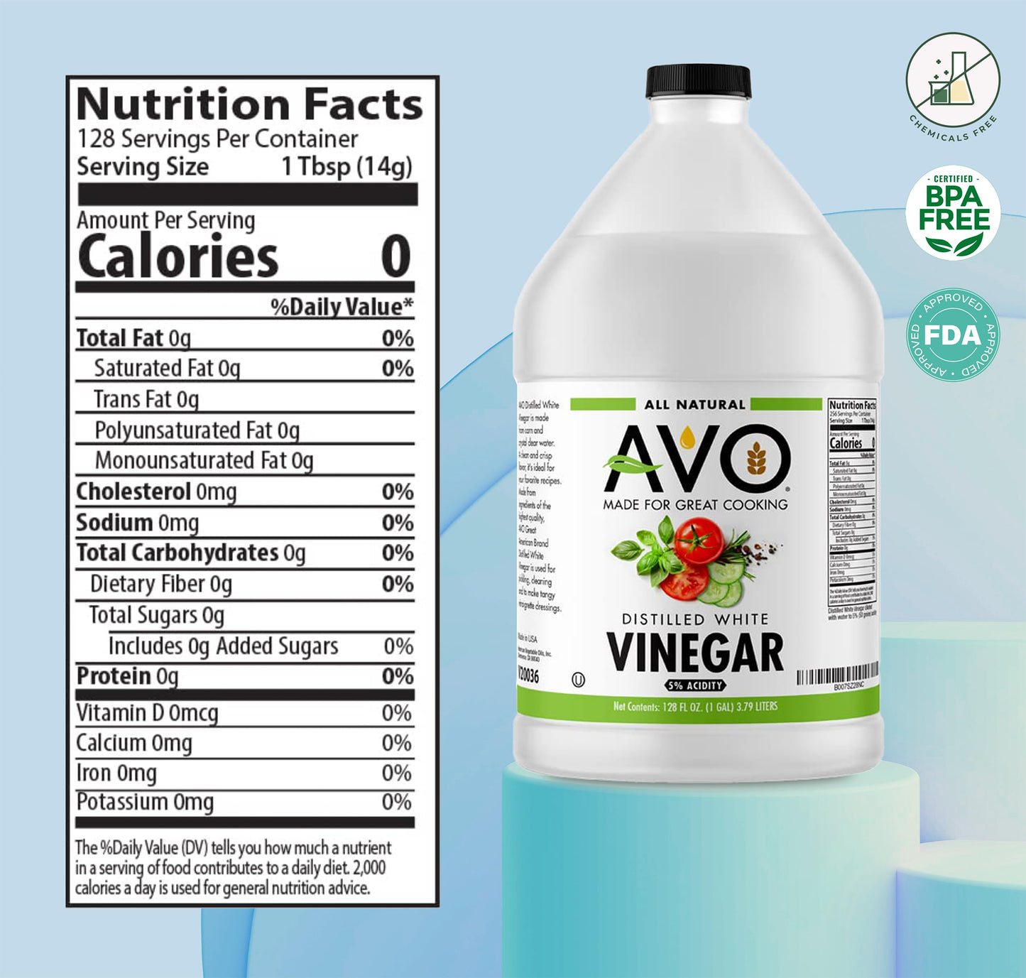 Avo 1 Gallon (128 Oz) Pure Natural Distilled White Vinegar - 5% Acidity