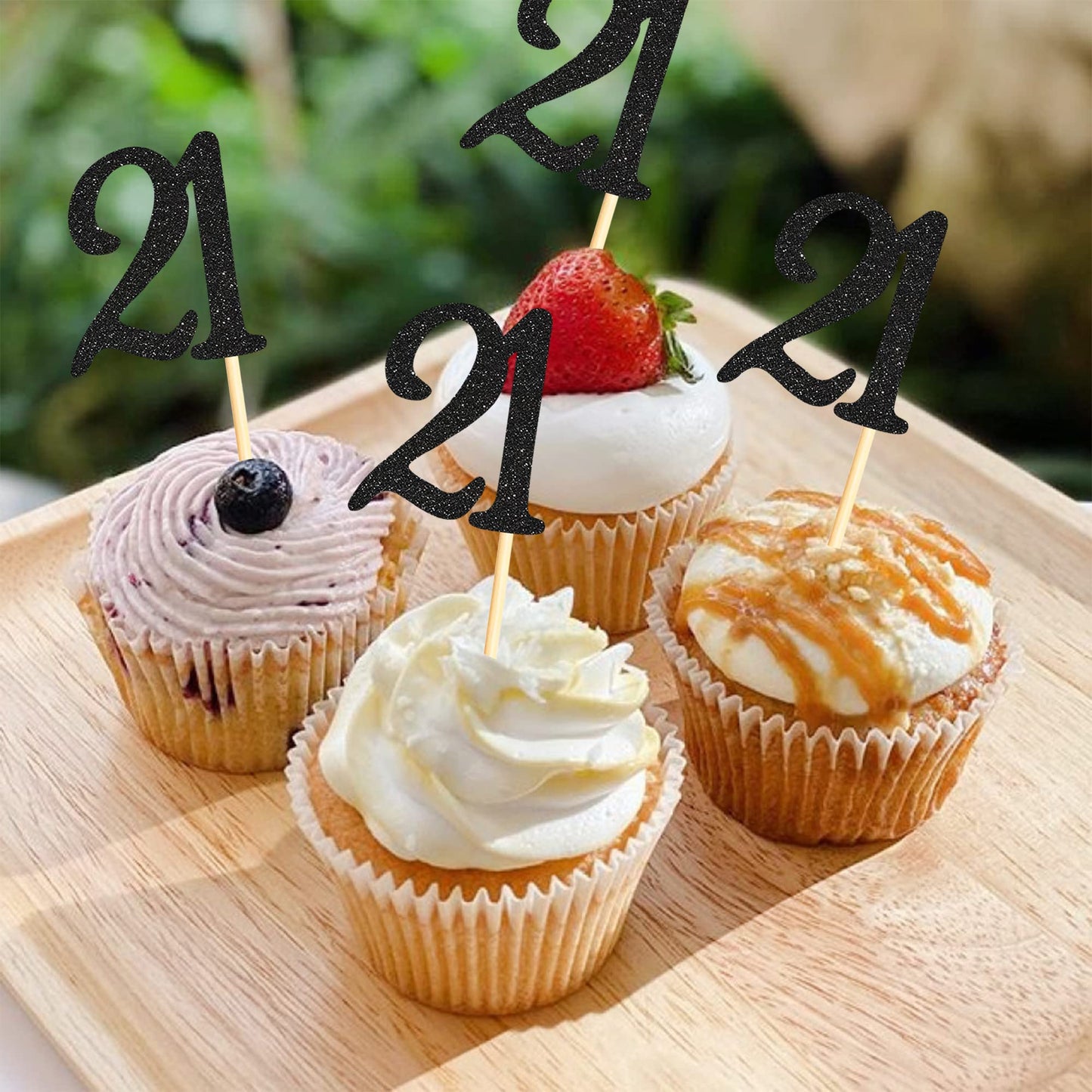 Sumerk 24Pcs 21 Cupcake Toppers Black Glitter 21St Birthday Cupcake Picks Anniversary Party Decorations