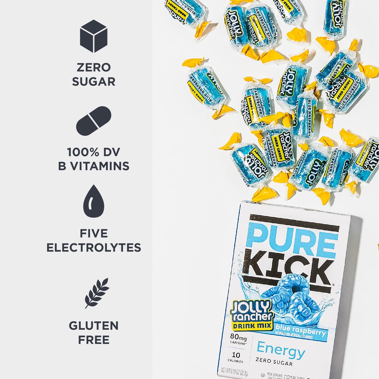 PURE KICK Energy Singles To Go Drink Mix, Jolly Rancher Blue Raspberry, 72 Packets, Convenient 0.13 Ounce Size