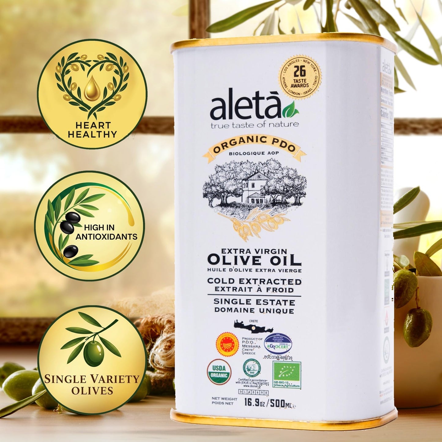 Aleta Olive Oil Extra Virgin, USDA Organic, Cold Pressed, 16.9 Fl Oz