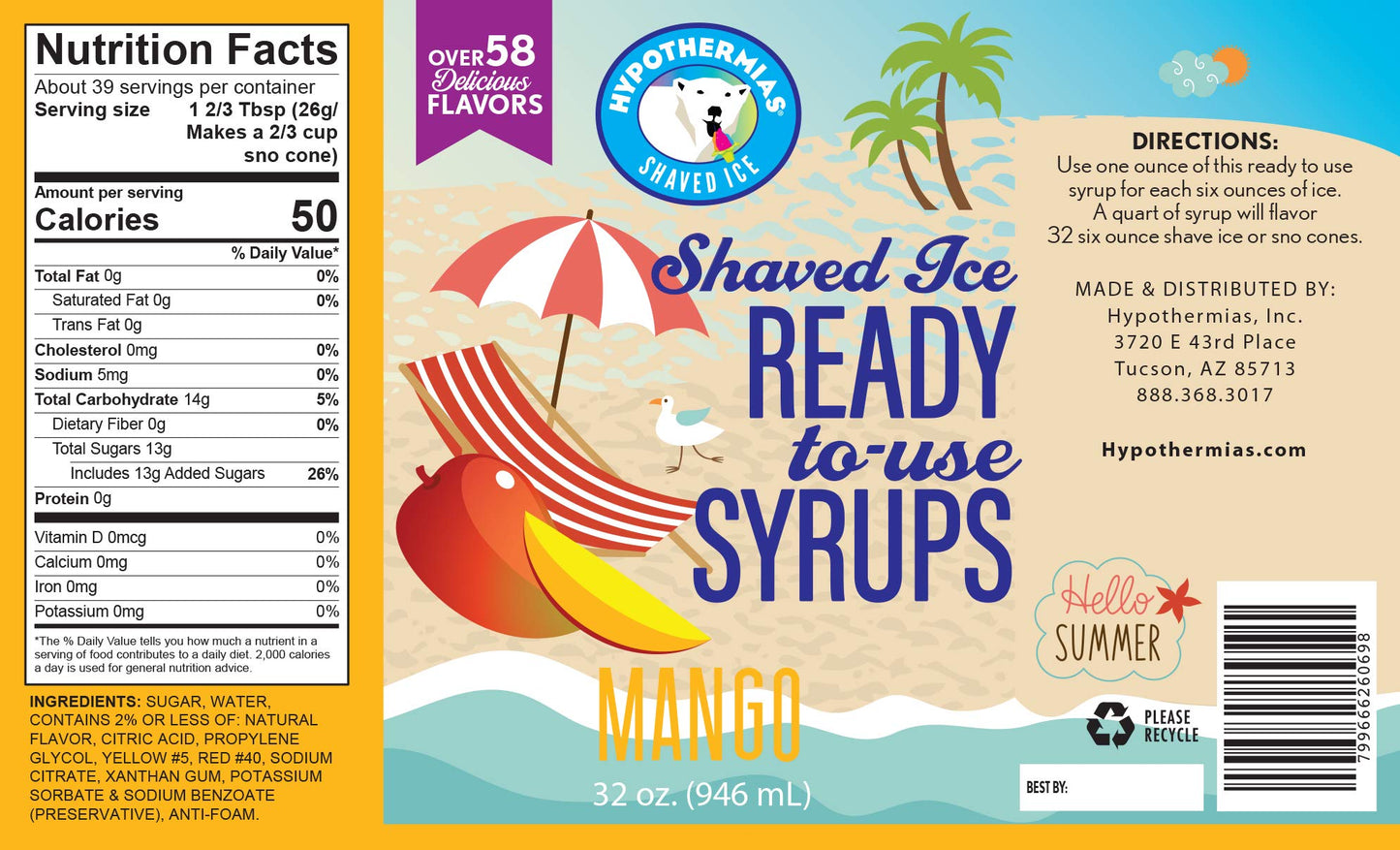 Hypothermias Shaved Ice & Snow Cone Syrup - Quart (32 Fl. Oz) - Mango - Made With Non-Gmo 100% Pure Cane Sugar, No Corn Syrup -