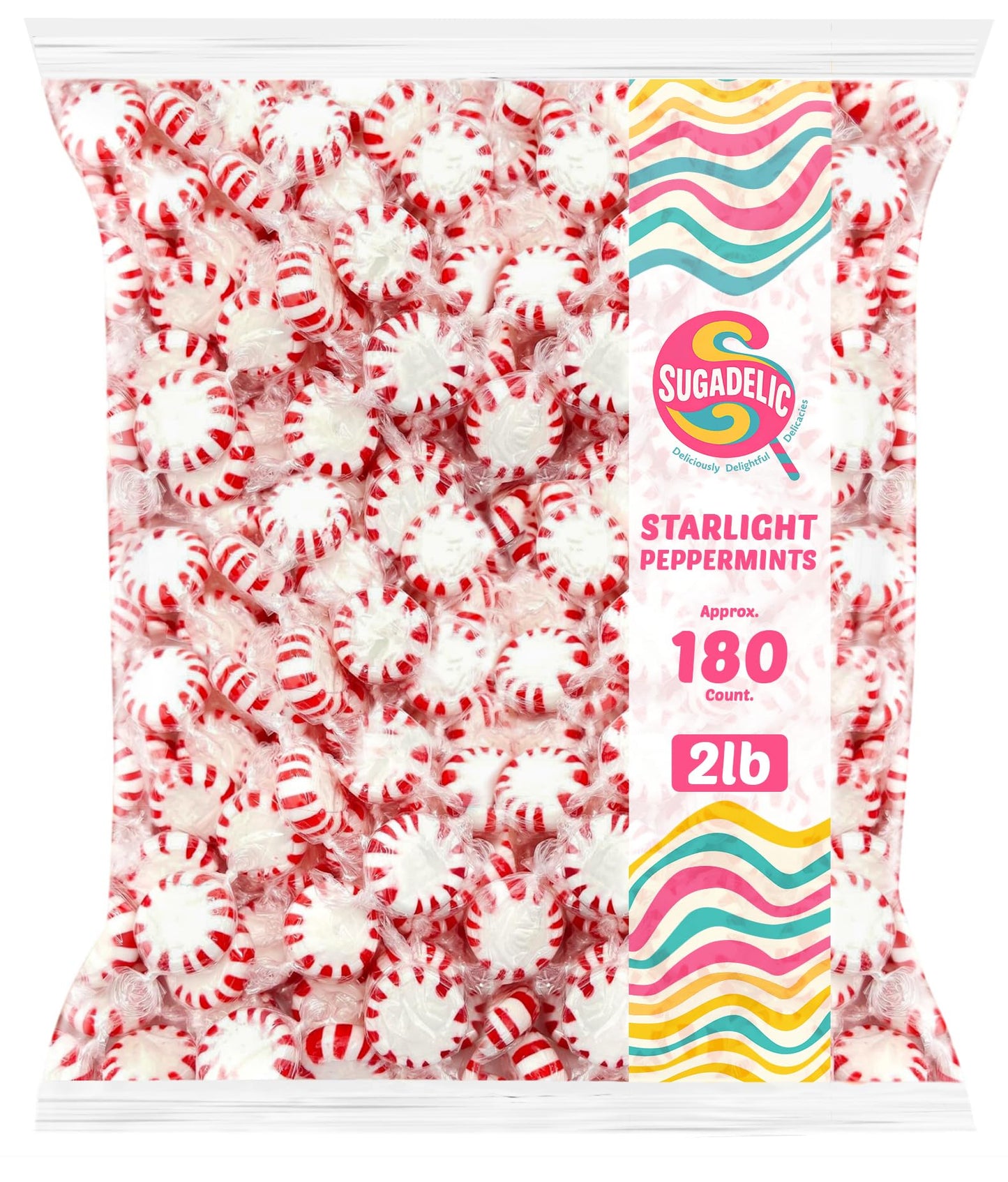SUGADELIC Starlight Peppermints Hard Candy – 2 lb Bag, Approx. 180 Individually Wrapped Discs for Parties & Holiday Treats