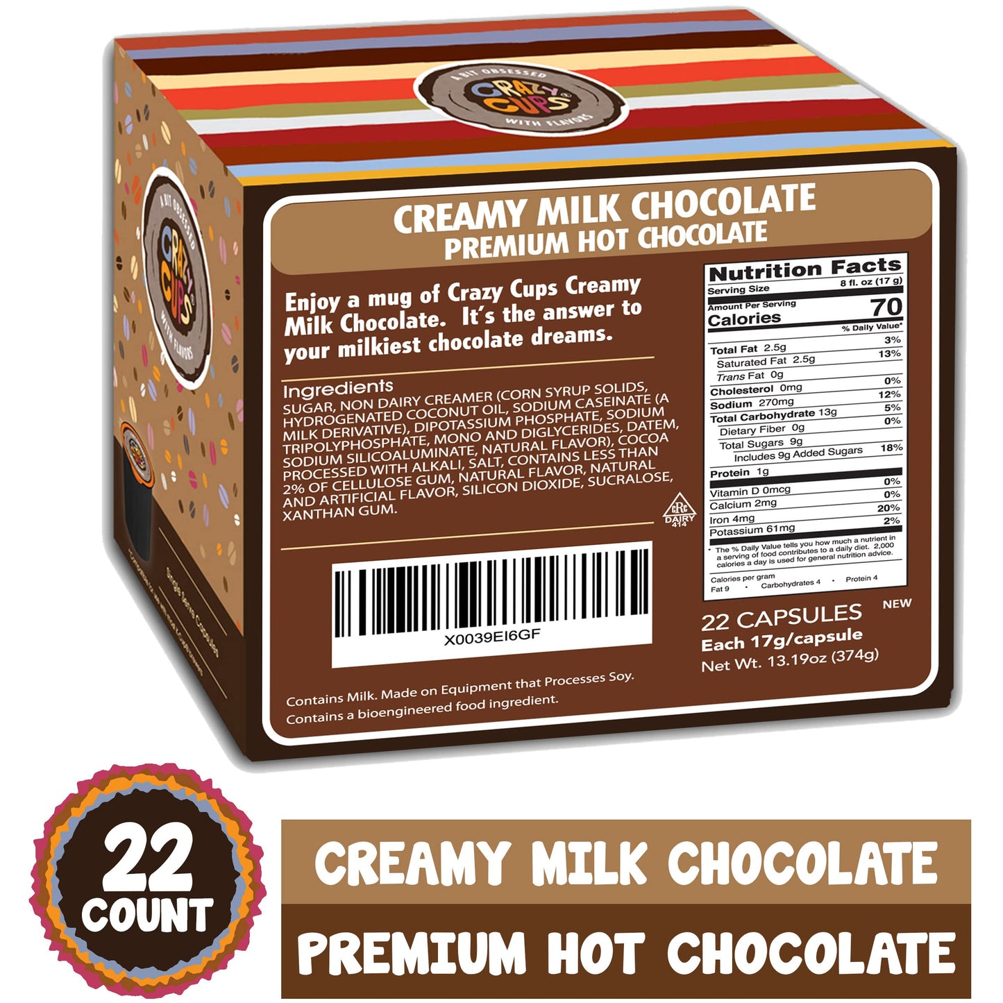 Crazy Cups Creamy Milk Chocolate Hot Chocolate Pods For Keurig K Cups Malt-Inspired, Single Serve Milk Hot Cocoa Pods, 22 Count