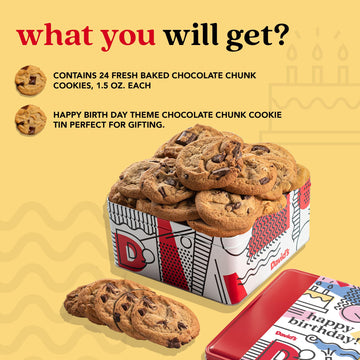 Davids Cookies Happy Birthday Chocolate Chunk Cookies Tin 2lbs - Handmade and Fresh Baked Gourmet Cookie Gift Basket - Delectable & Made with enhanced Ingredients - Ideal Birthday Food Gift For All