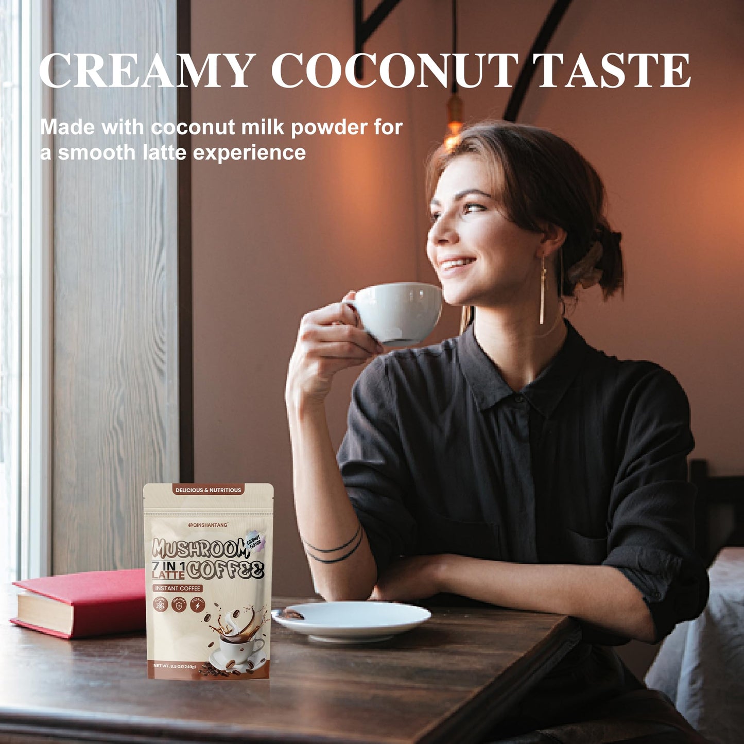Mushroom Coffee with Coconut Creamer, 7 Mushroom and Ceylon Cinnamon Powder, Latte Mix | Lions Mane & Reishi for Immunity & Ene