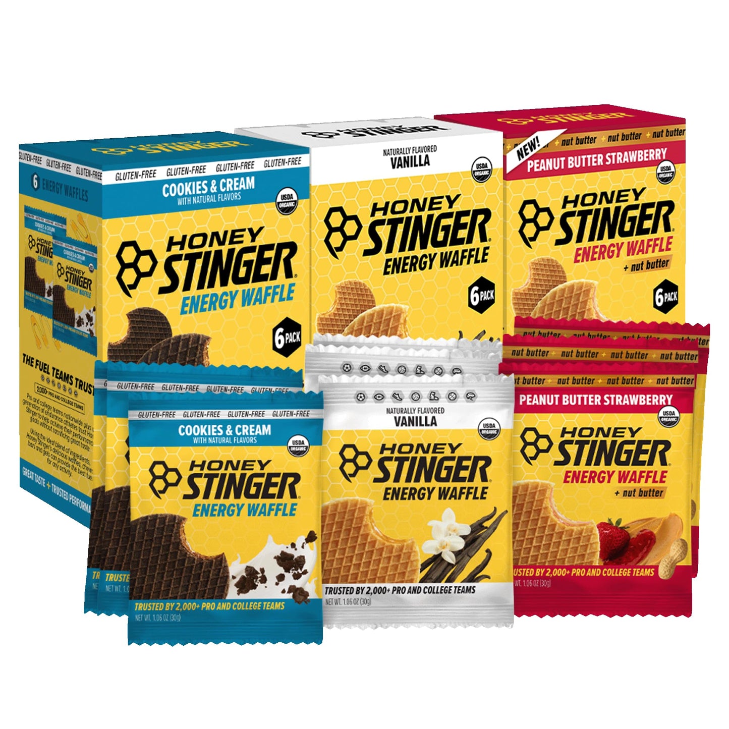 Honey Stinger Organic Energy Waffle Sweet Treats Variety Pack of 18, Vanilla, Cookies and Cream, 6 Pack Each of Peanut Butter St