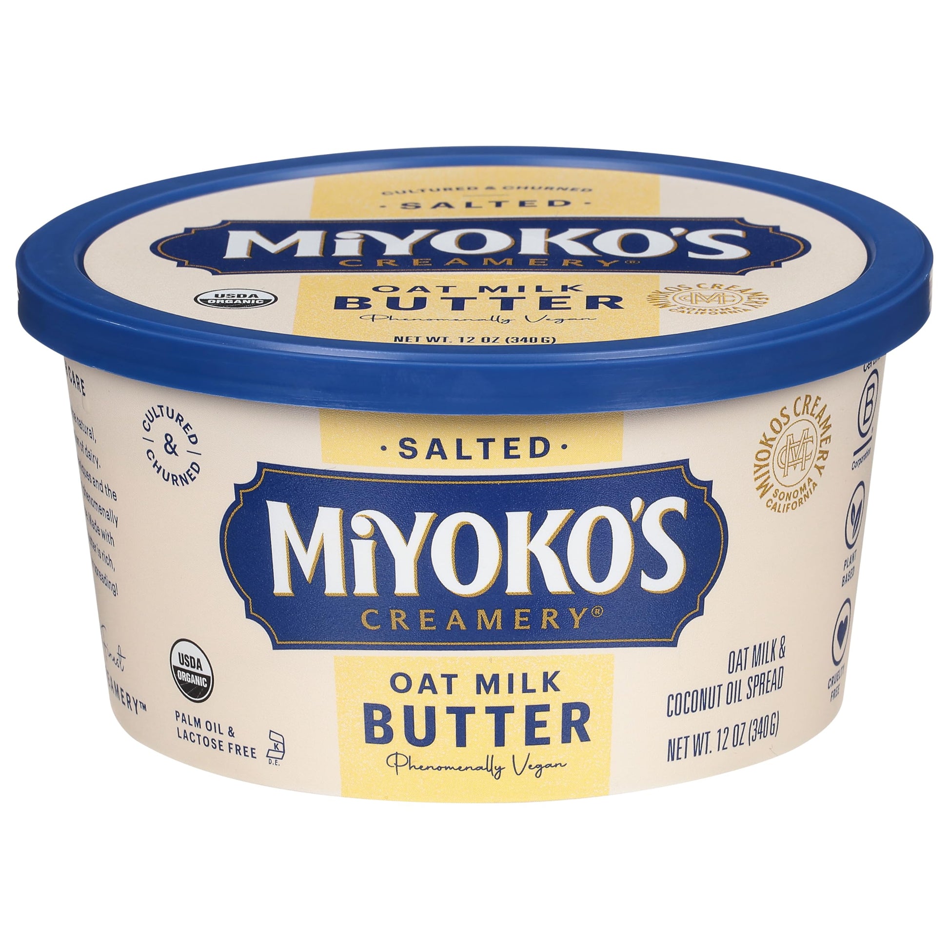 MIYOKOS CREAMERY Organic Oat Milk Butter, Spreadable, Hint of Sea Salt, 12 Oz Tub, (1-Pack)