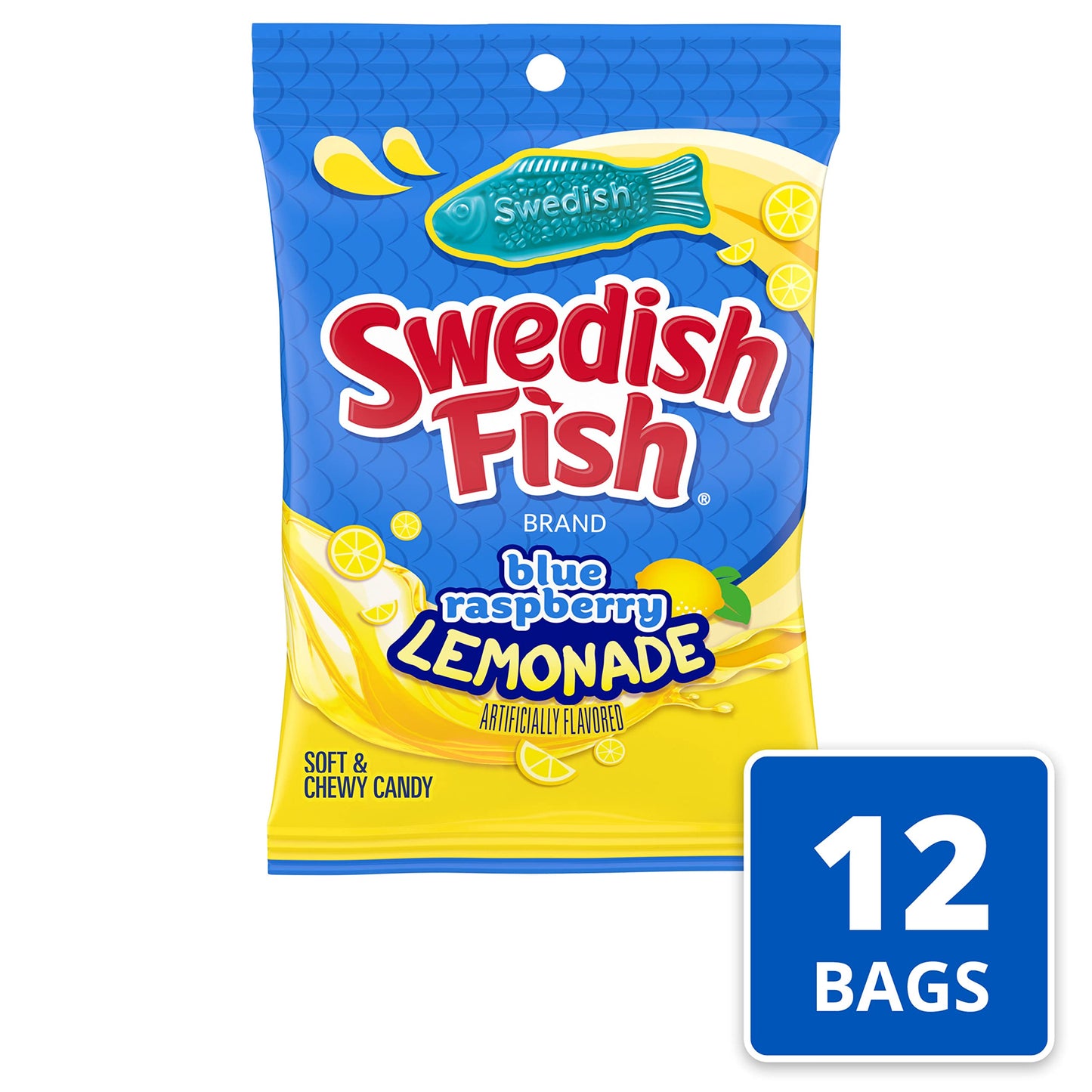 Swedish Fish Blue Raspberry Lemonade Soft & Chewy Candy, Bulk Candy, 12-8.04 Oz Bags