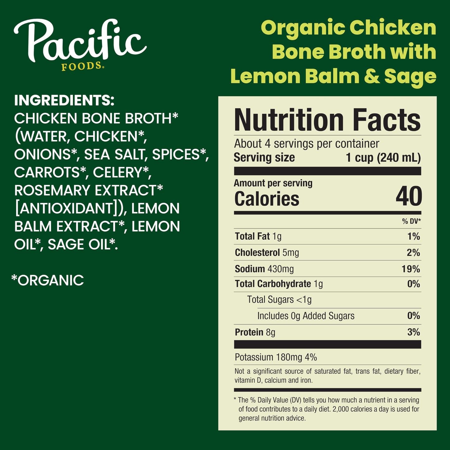 Pacific Foods Organic Chicken Bone Broth With Lemon Balm And Sage, 32 Oz Carton