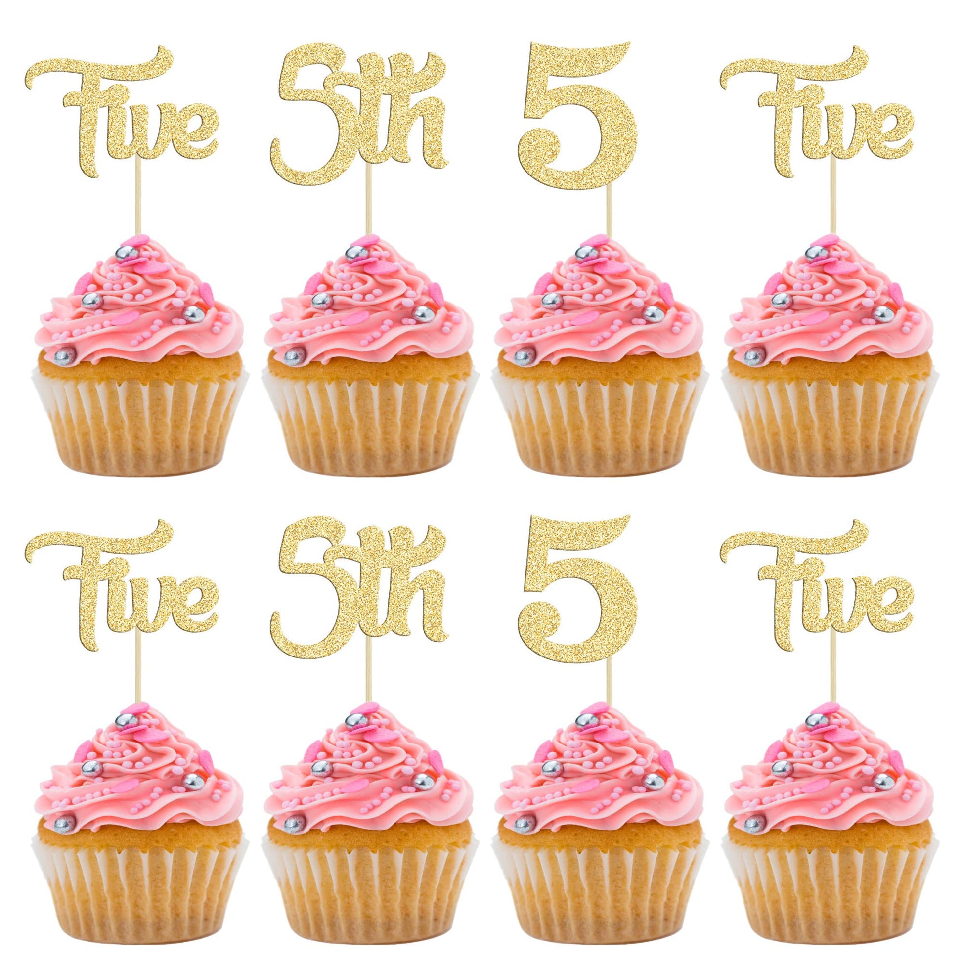 24Pcs 5th Birthday Cupcake Toppers Glitter Fifth Birthday Five Cupcake Picks for Baby Shower 5th Birthday Anniversary Party Cake