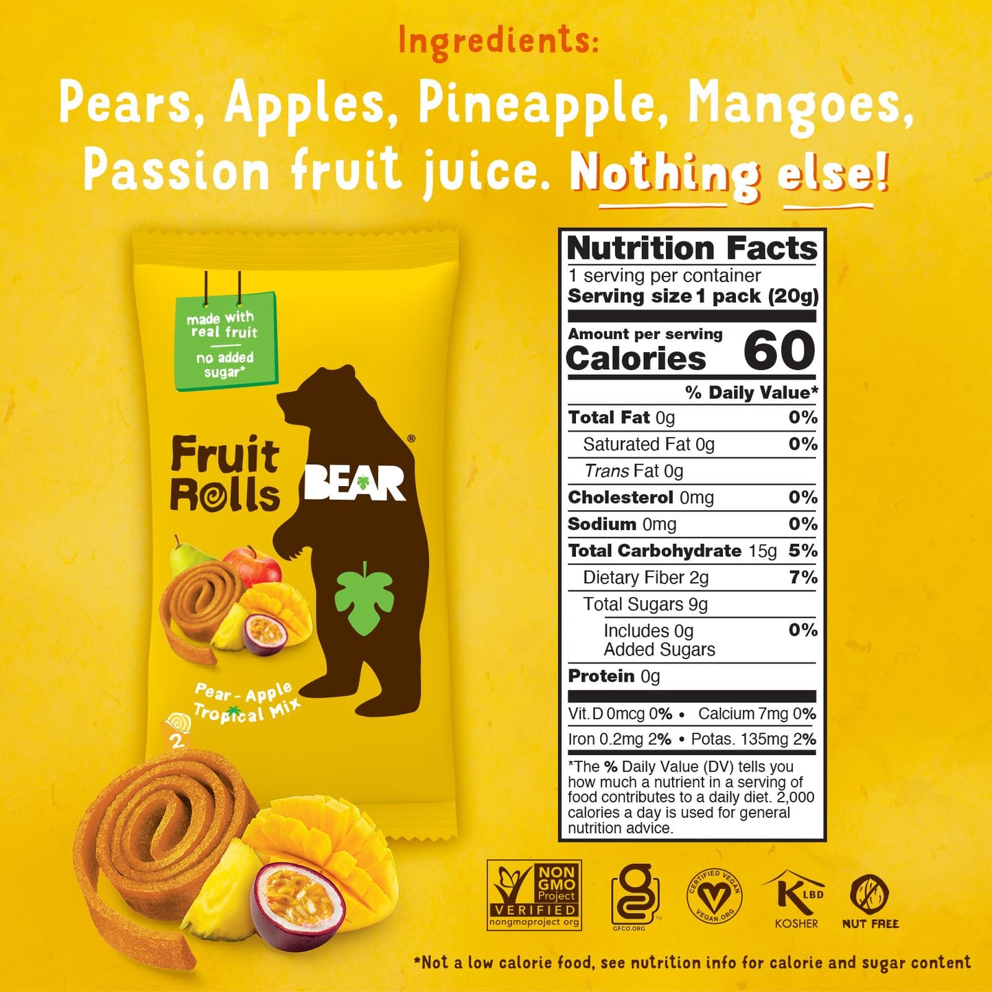 BEAR Real Fruit Snack Rolls - Gluten Free, Vegan, and Non-GMO - Tropical - 36 Rolls, Healthy School And Lunch Snacks For Kids An