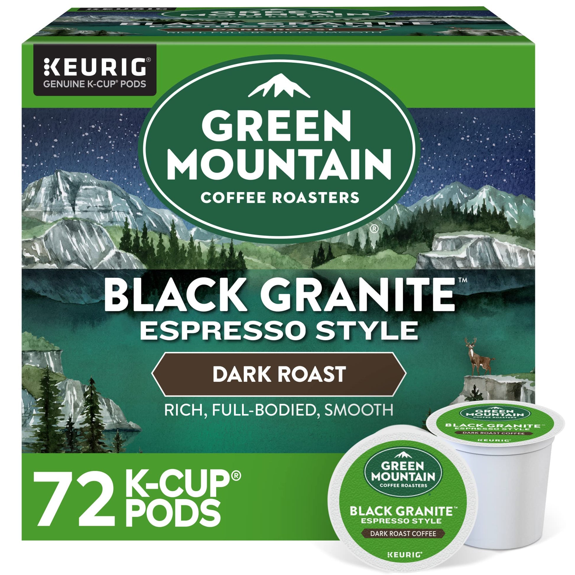 Green Mountain Coffee Roasters K-Cup Pods, Espresso Style Dark Roast, 72 Count, Single Serve, Green