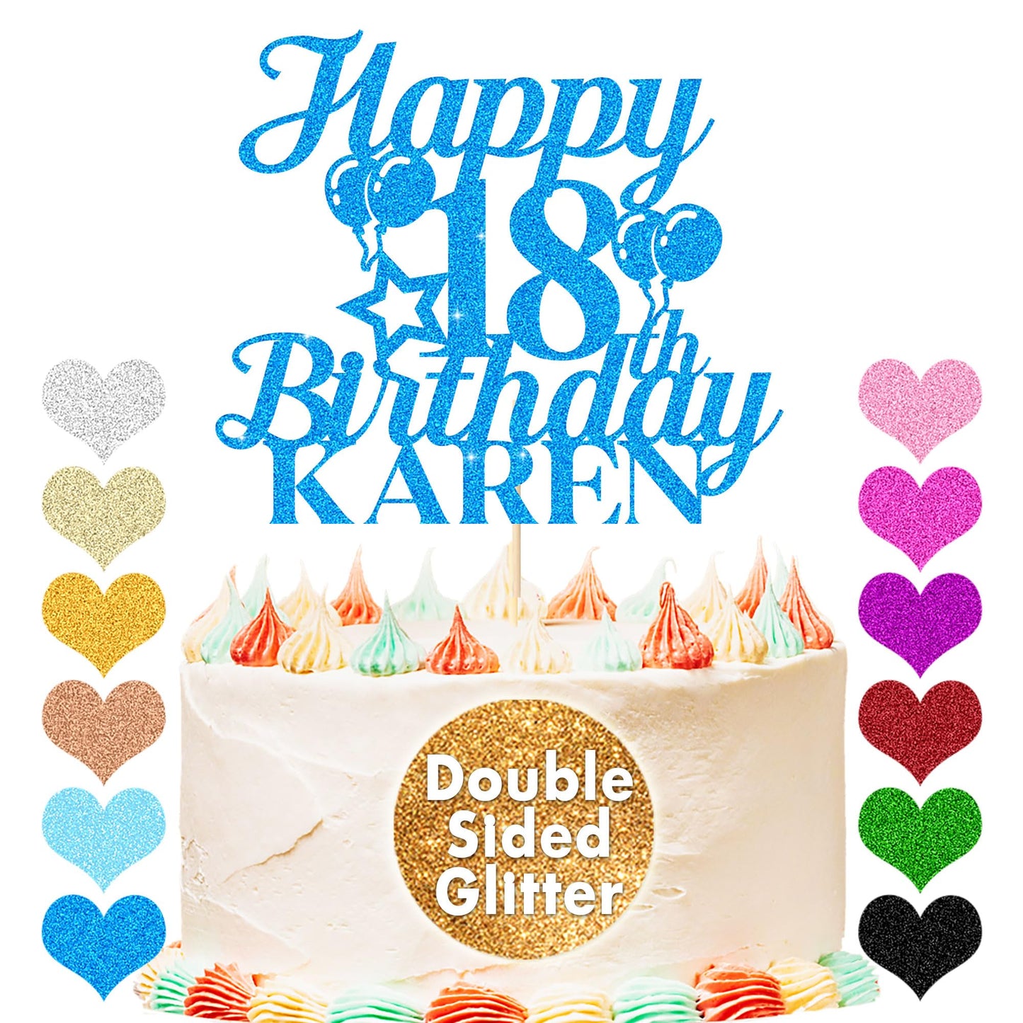 EDSG Happy Birthday Cake Topper Personalized Double-Sided Glitter Custom Gifts Any Age & Name Blue