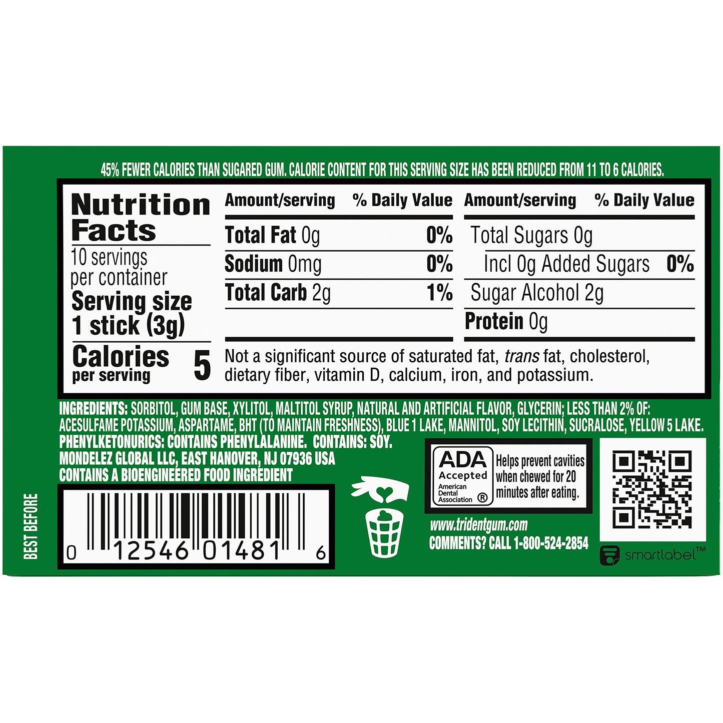 Trident Mega Spearmint Sugar Free Gum, 9 Packs Of 10 Pieces (90 Total Pieces),10 Count (Pack Of 9)