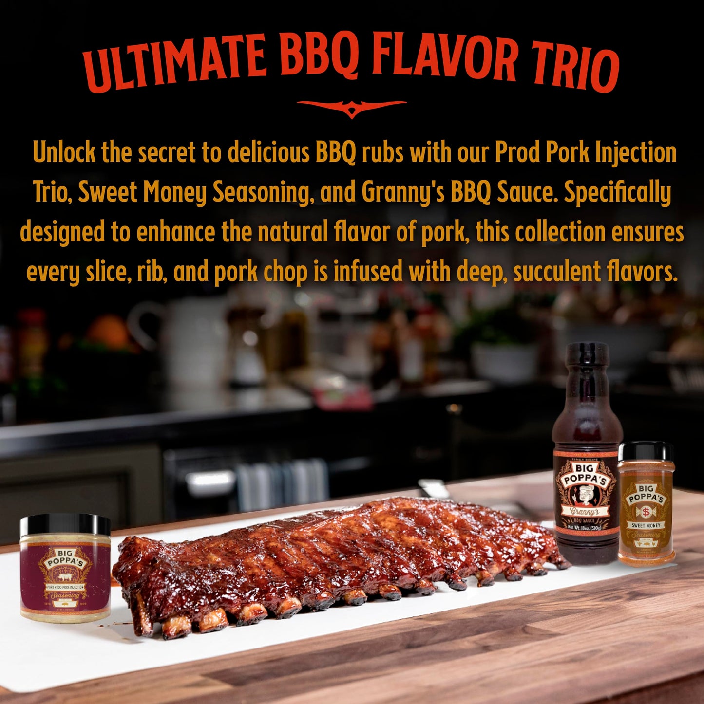 Big Poppa Smokers Pork Bundle - Pork Prod Injection, Sweet Money Seasoning & Grannys BBQ Sauce - 3-Pack