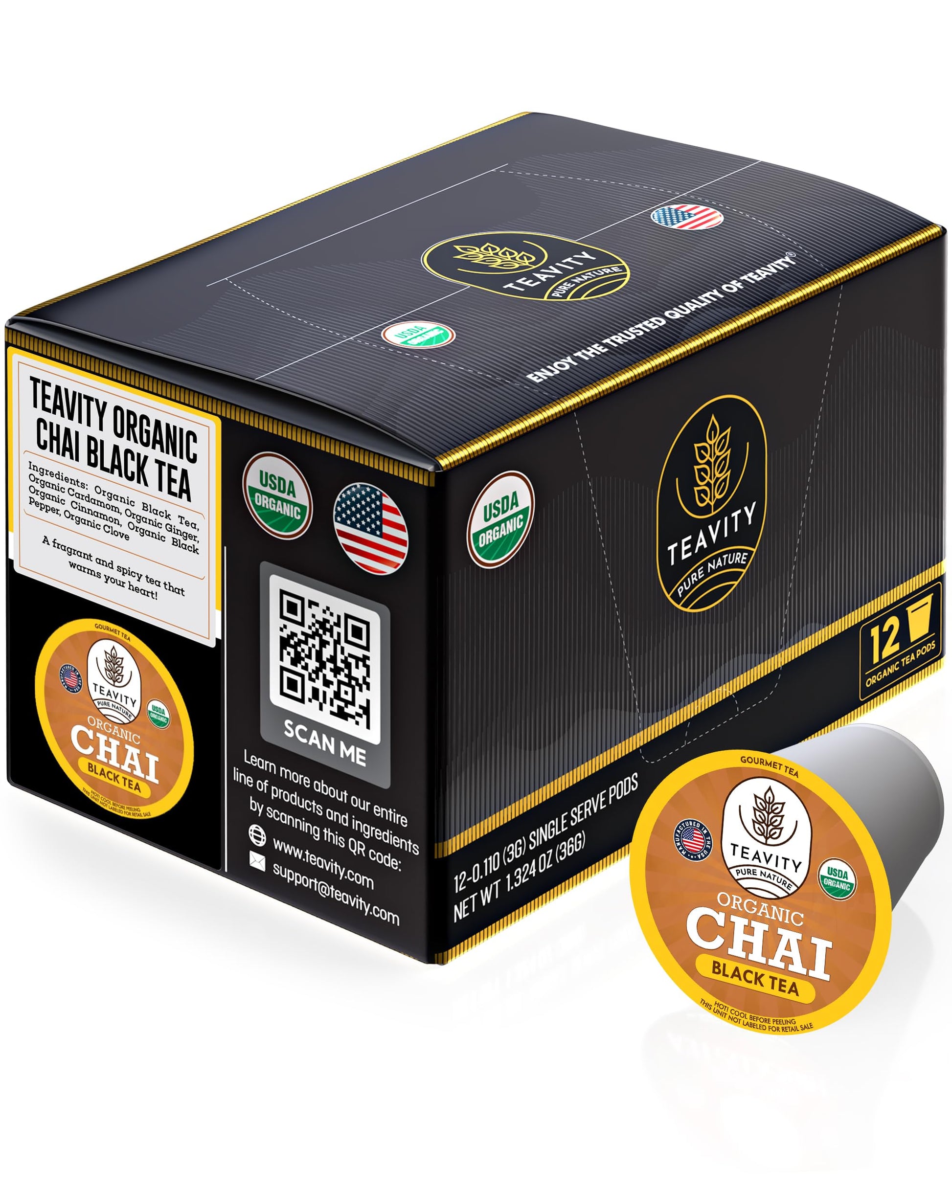 Teavity Organic Chai Black Tea Pods for Keurig, Naturally Caffeinated, 12 Count